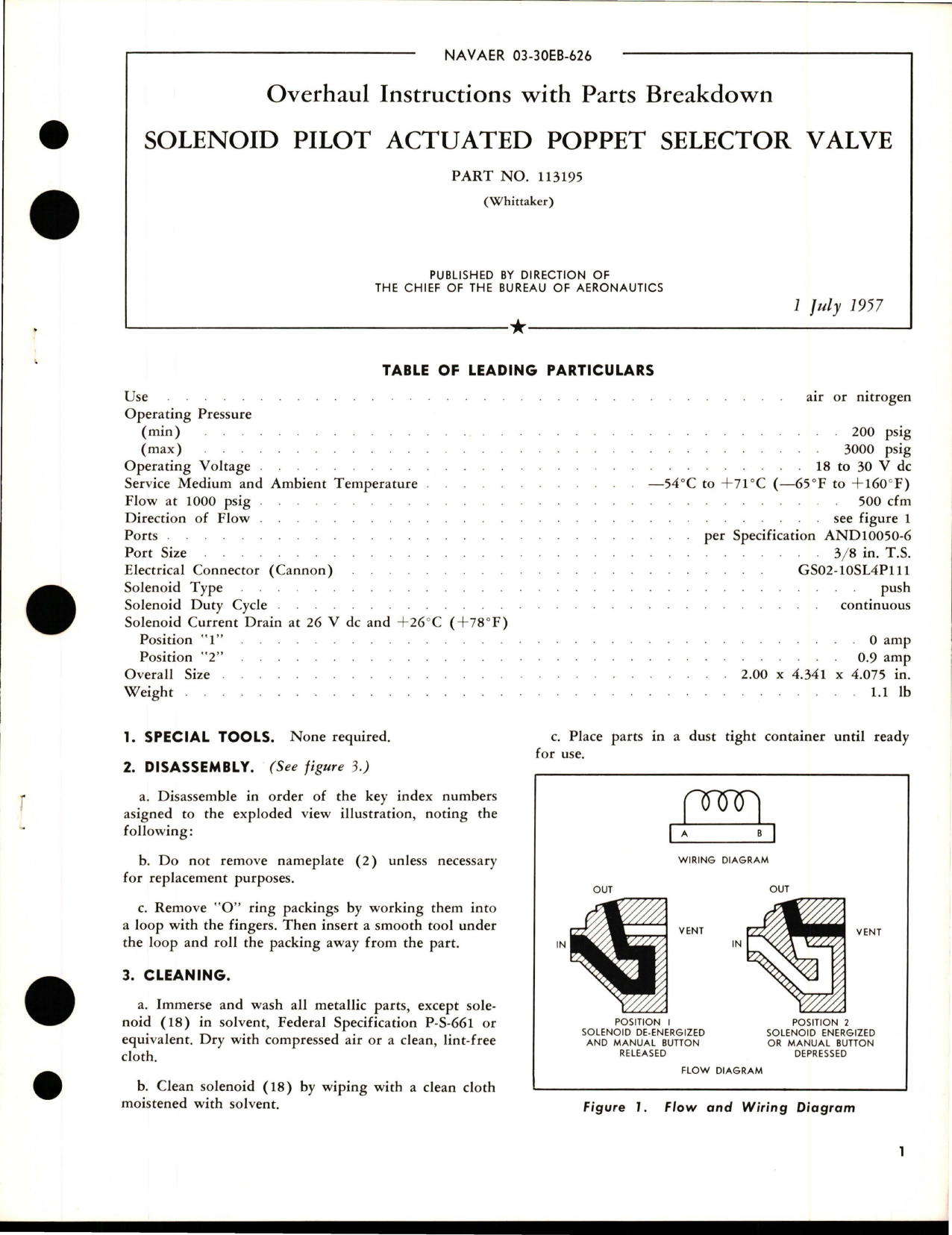 Sample page 1 from AirCorps Library document: Overhaul Instructions with Parts Breakdown for Solenoid Pilot Actuated Poppet Selector Valve - Part 113195