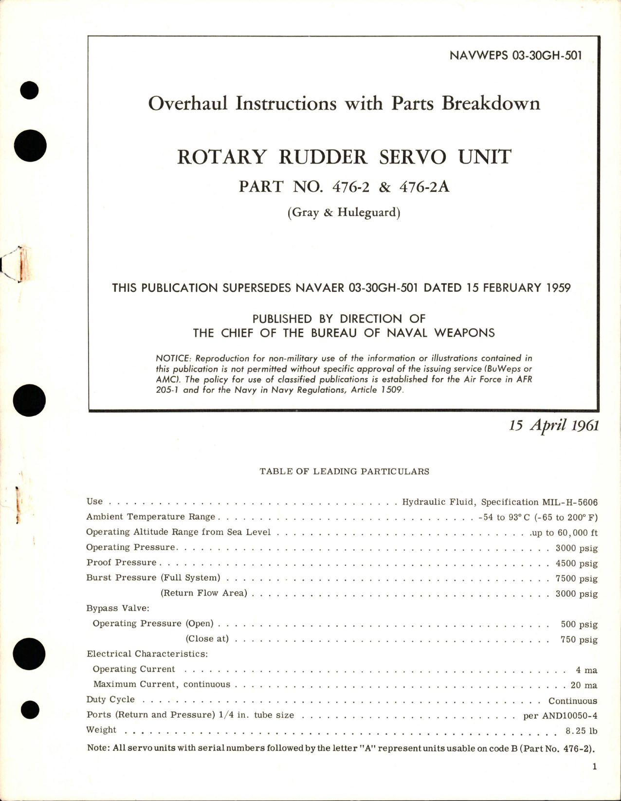 Sample page 1 from AirCorps Library document: Overhaul Instructions with Parts Breakdown for Rotary Rudder Servo Unit - Part 476-2 and 476-2A