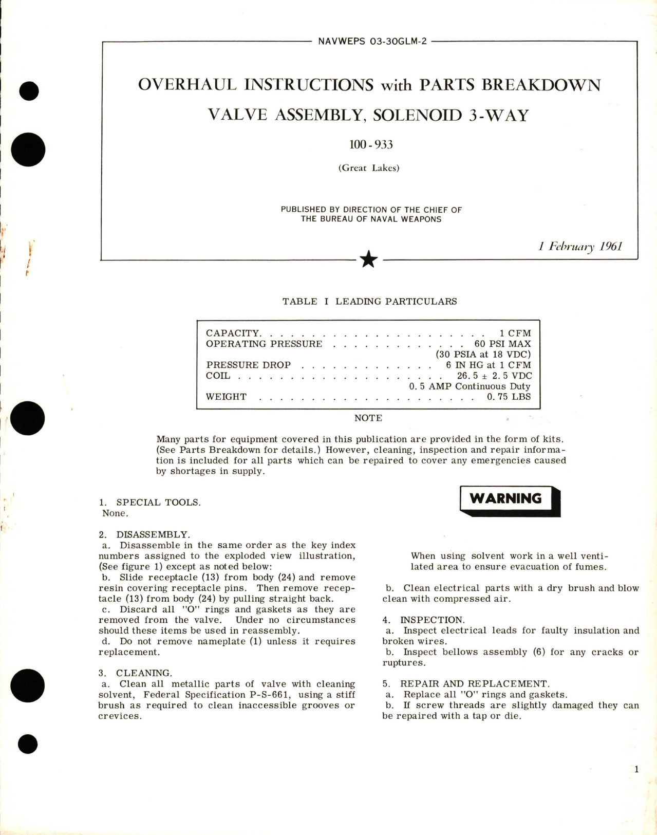 Sample page 1 from AirCorps Library document: Overhaul Instructions with Parts Breakdown for 3-Way Solenoid Valve Assembly - 100-933