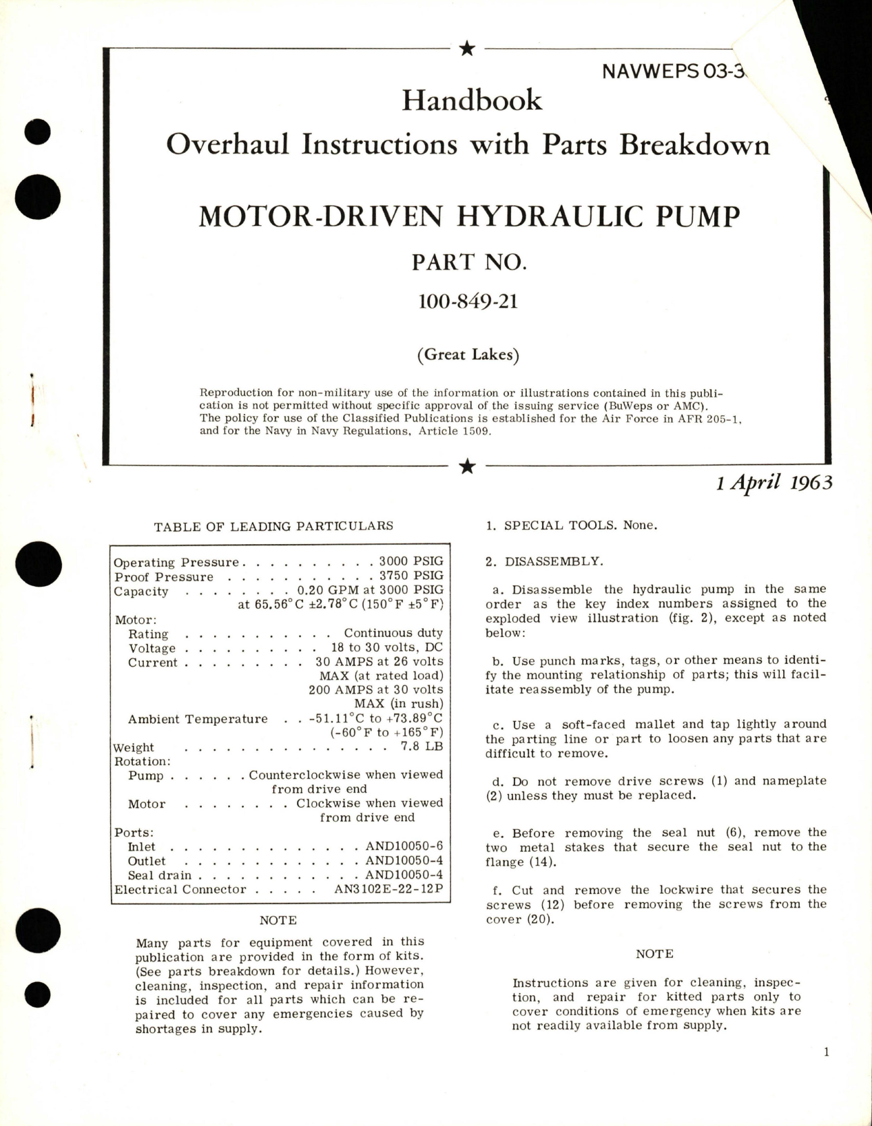 Sample page 1 from AirCorps Library document: Overhaul Instructions with Parts Breakdown for Motor-Driven Hydraulic Pump - Part 100-849-21