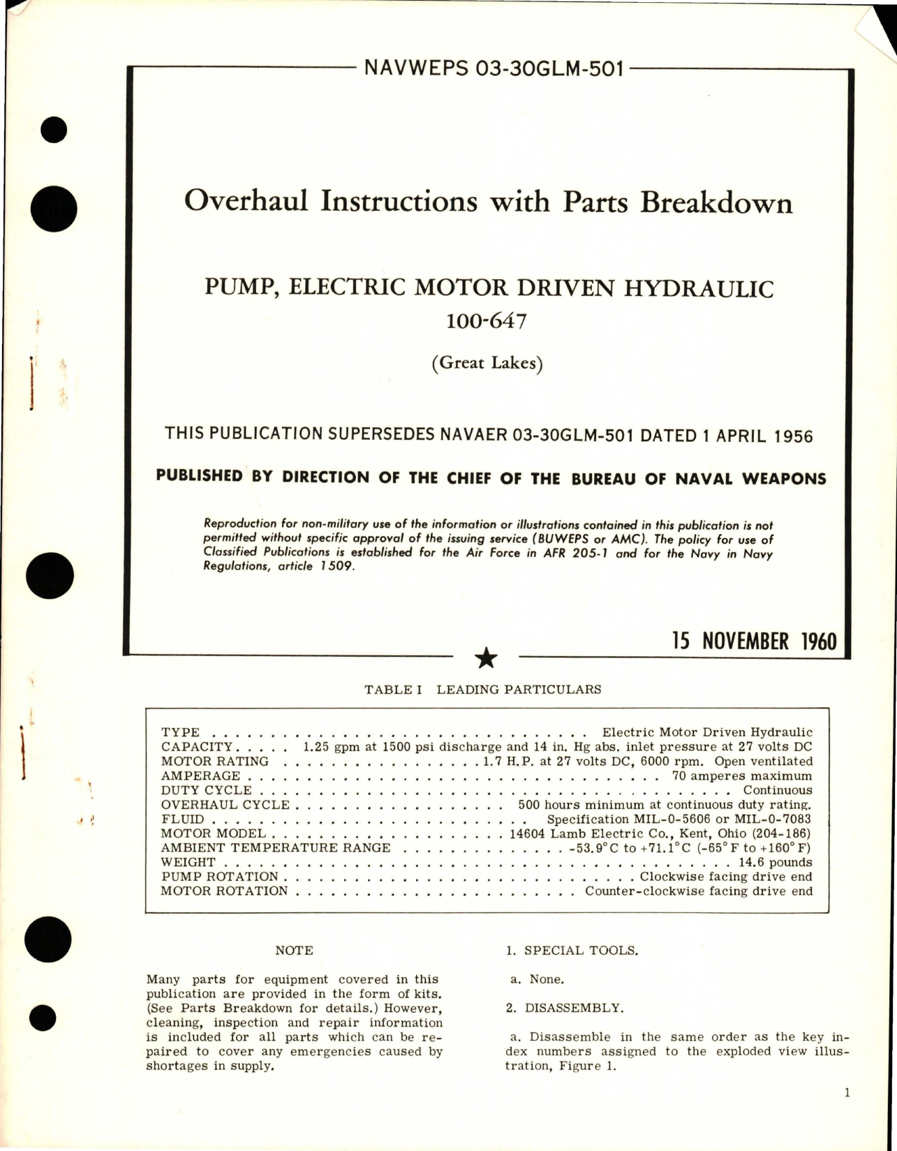 Sample page 1 from AirCorps Library document: Overhaul Instructions with Parts Breakdown for Electric Motor Driven Hydraulic Pump - 100-647 