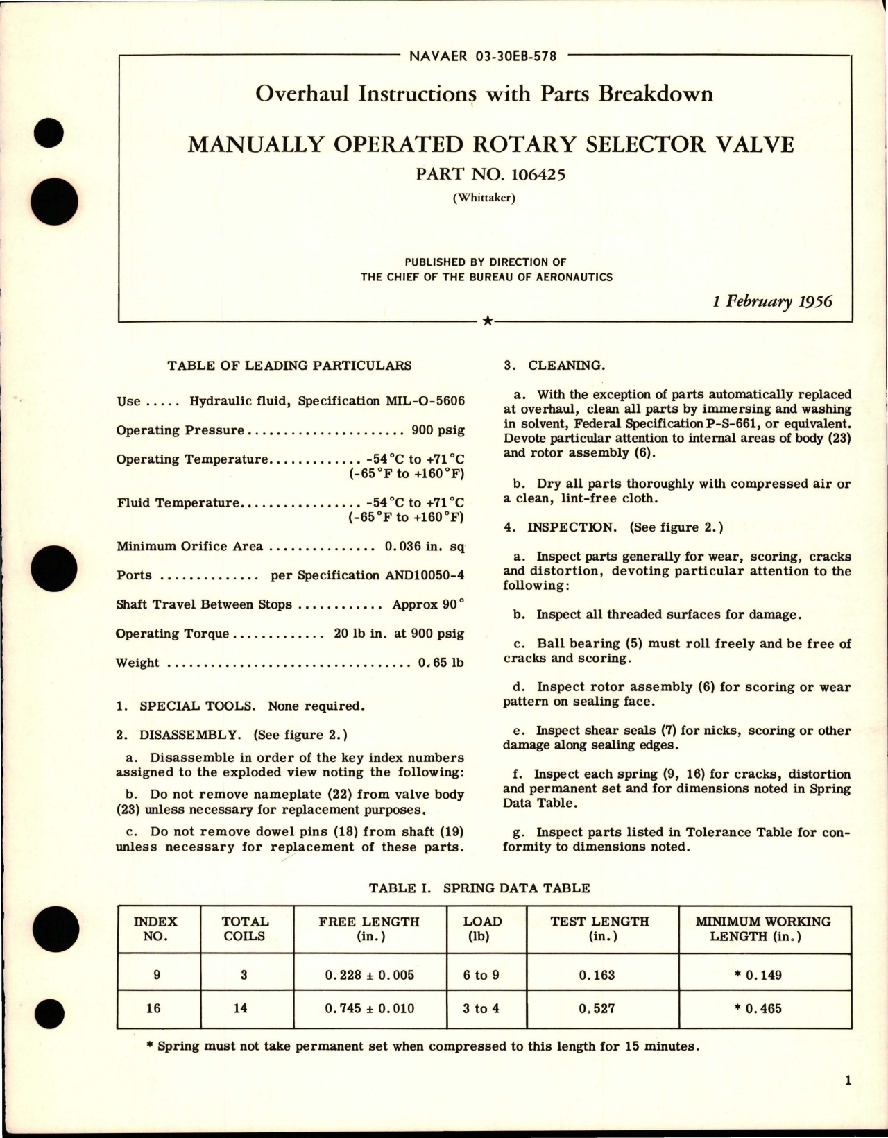 Sample page 1 from AirCorps Library document: Overhaul Instructions with Parts Breakdown for Manually Operated Rotary Selector Valve - Part 106425