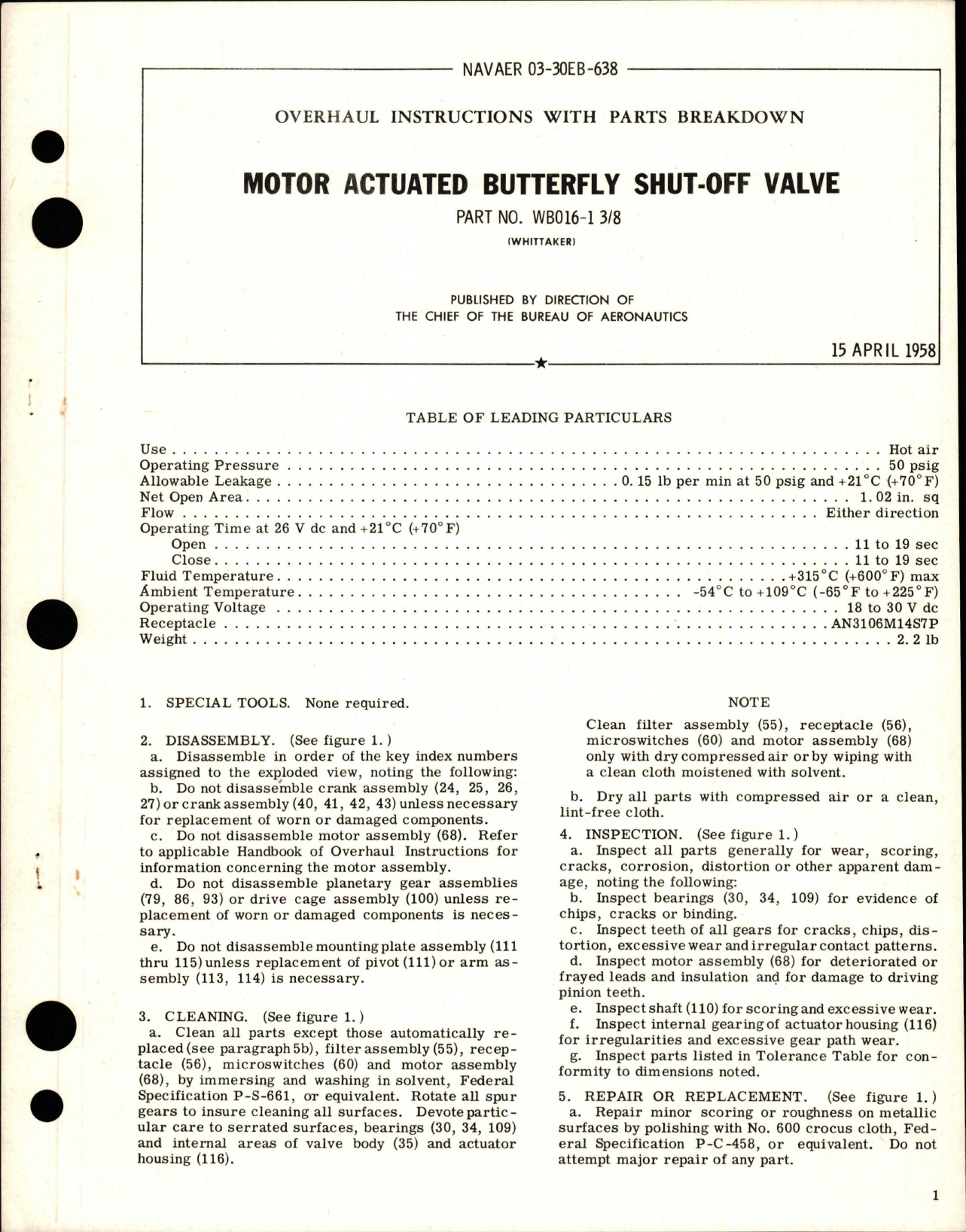 Sample page 1 from AirCorps Library document: Overhaul Instructions with Parts Breakdown for Motor Actuated Butterfly Shut-Off Valve - Part WB016-1 3/8
