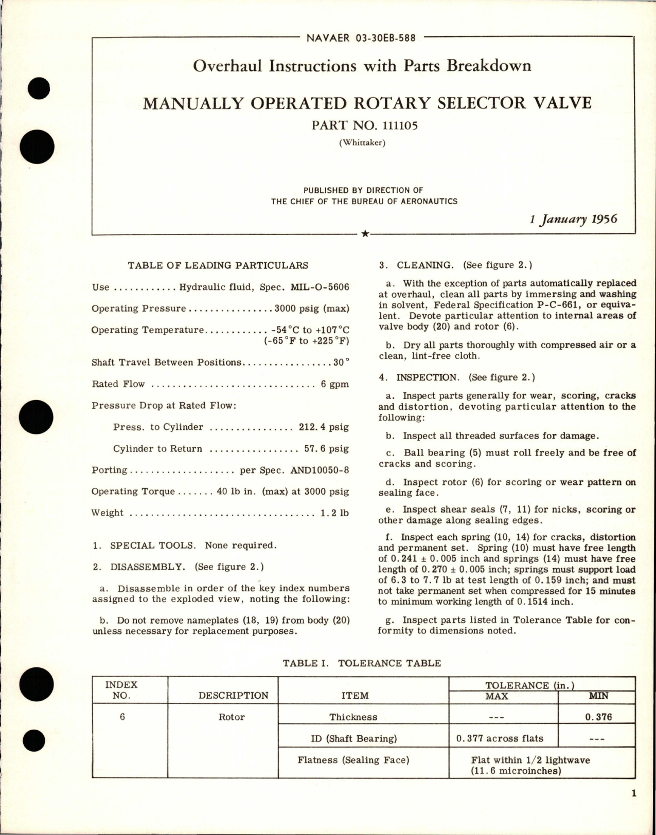 Sample page 1 from AirCorps Library document: Overhaul Instructions with Parts Breakdown for Manually Operated Rotary Selector Valve - Part 111105