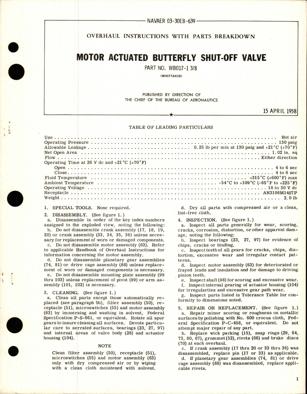 Sample page 1 from AirCorps Library document: Overhaul Instructions with Parts Breakdown for Motor Actuated Butterfly Shut-Off Valve - Part WB017-1 3/8
