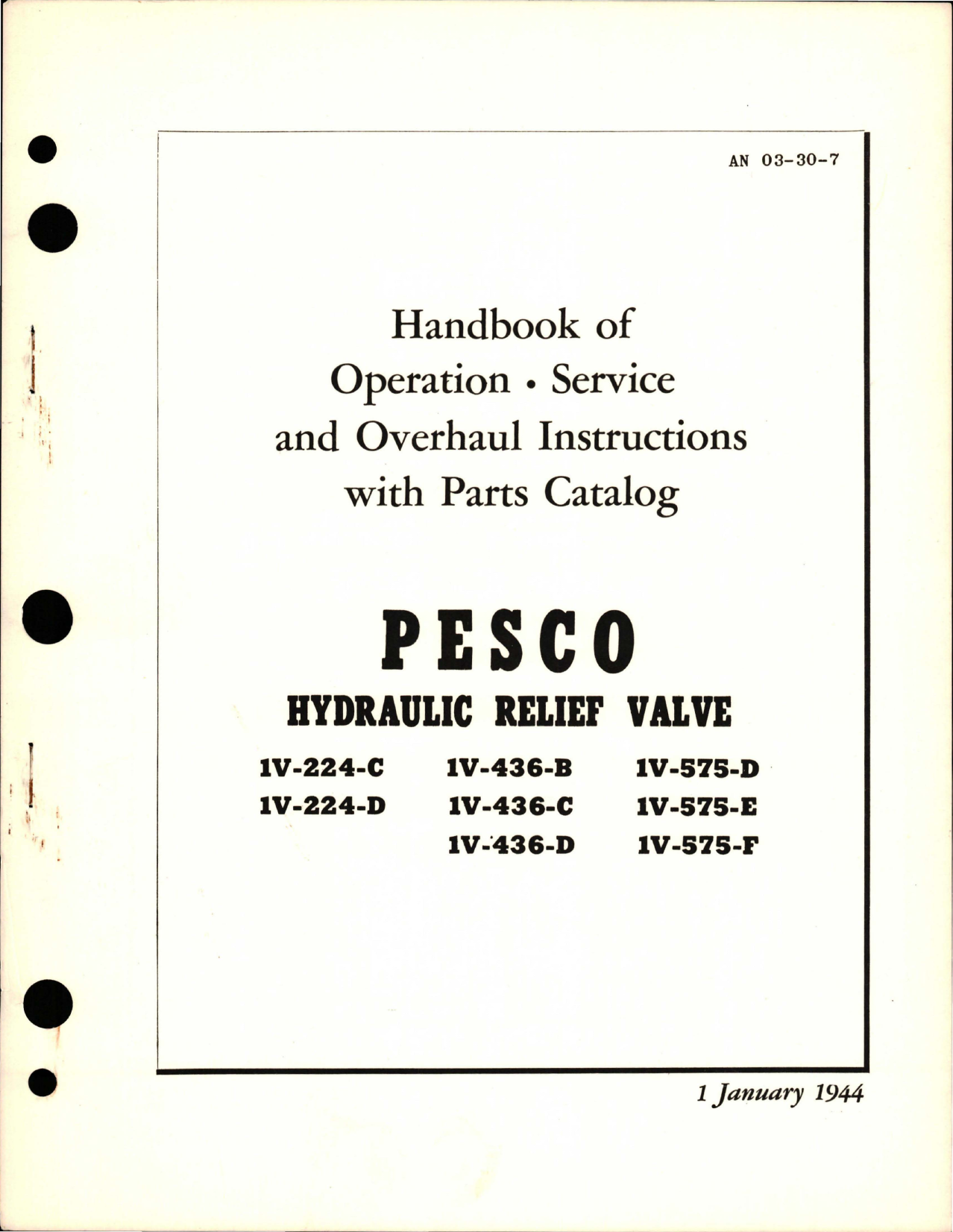 Sample page 1 from AirCorps Library document: Operation, Service and Overhaul Instructions with Parts Catalog for Pesco Hydraulic Relief Valve
