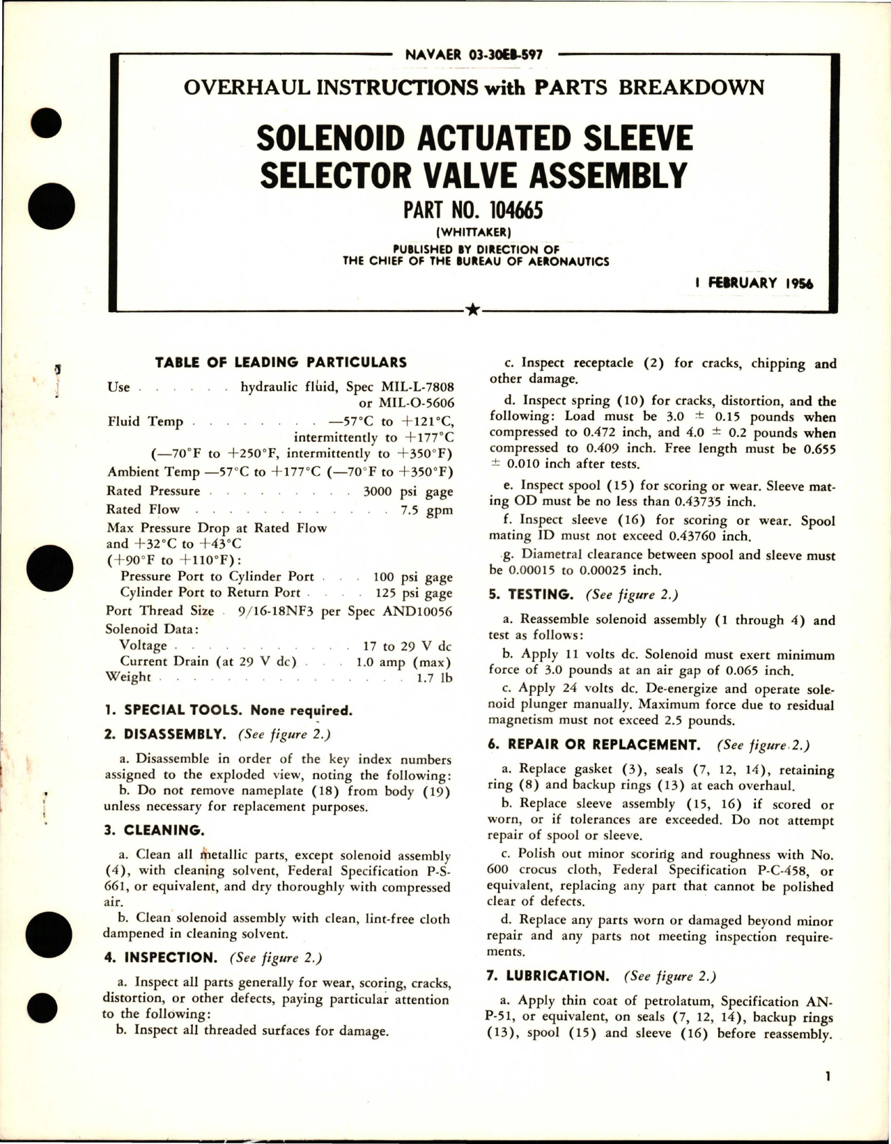 Sample page 1 from AirCorps Library document: Overhaul Instructions with Parts Breakdown for Solenoid Actuated Sleeve Selector Valve Assembly - Part 104665