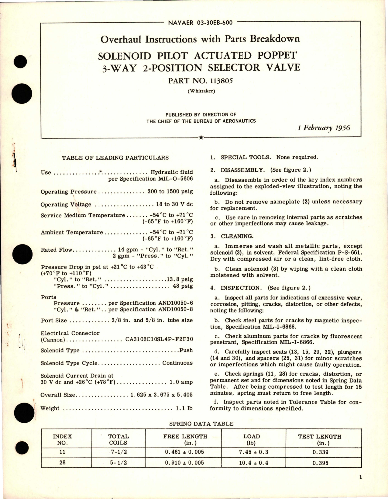 Sample page 1 from AirCorps Library document: Overhaul Instructions with Parts Breakdown for Solenoid Pilot Actuated Poppet 3-Way 2-Position Selector Valve - Part 113805