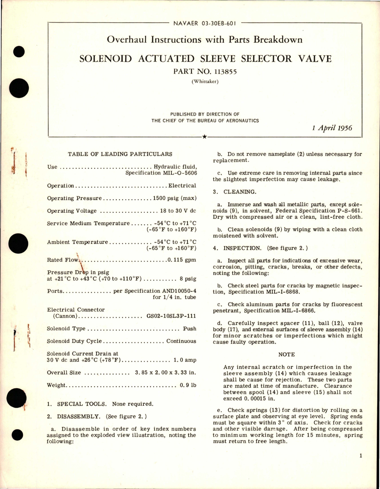 Sample page 1 from AirCorps Library document: Overhaul Instructions with Parts Breakdown for Solenoid Actuated Sleeve Selector Valve - Part 13855