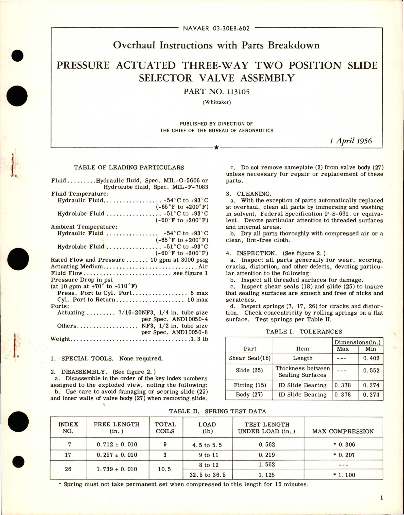 Sample page 1 from AirCorps Library document: Overhaul Instructions with Parts Breakdown for Pressure Actuated Three-Way Two Position Slide Selector Valve Assembly - Part 113105