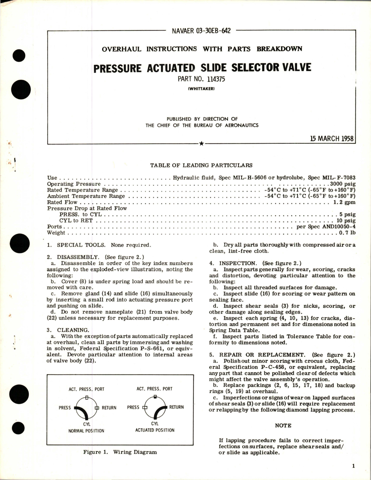 Sample page 1 from AirCorps Library document: Overhaul Instructions with Parts Breakdown for Pressure Actuated Slide Selector Valve - Part 114375 