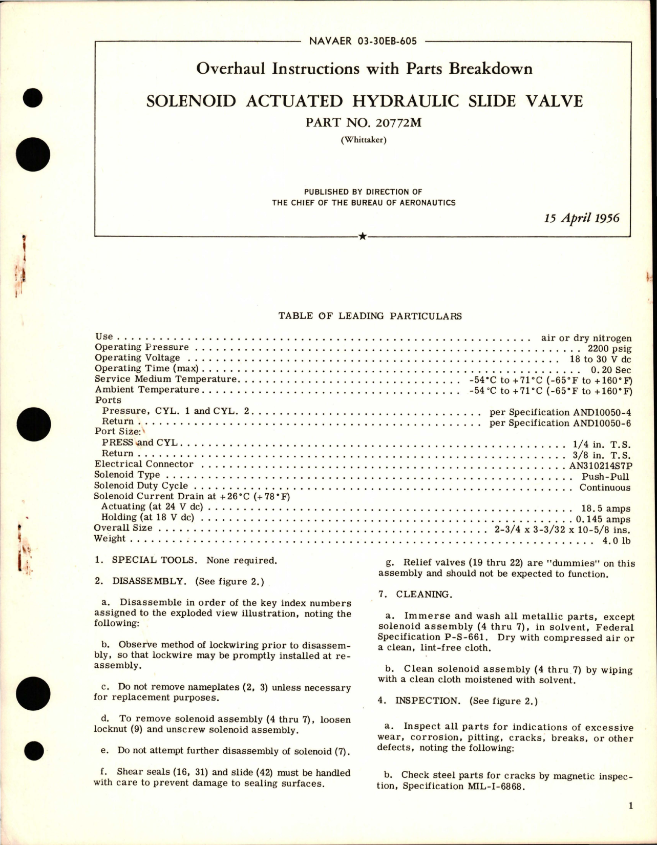 Sample page 1 from AirCorps Library document: Overhaul Instructions with Parts Breakdown for Solenoid Actuated Hydraulic Slide Valve - Part 20772M