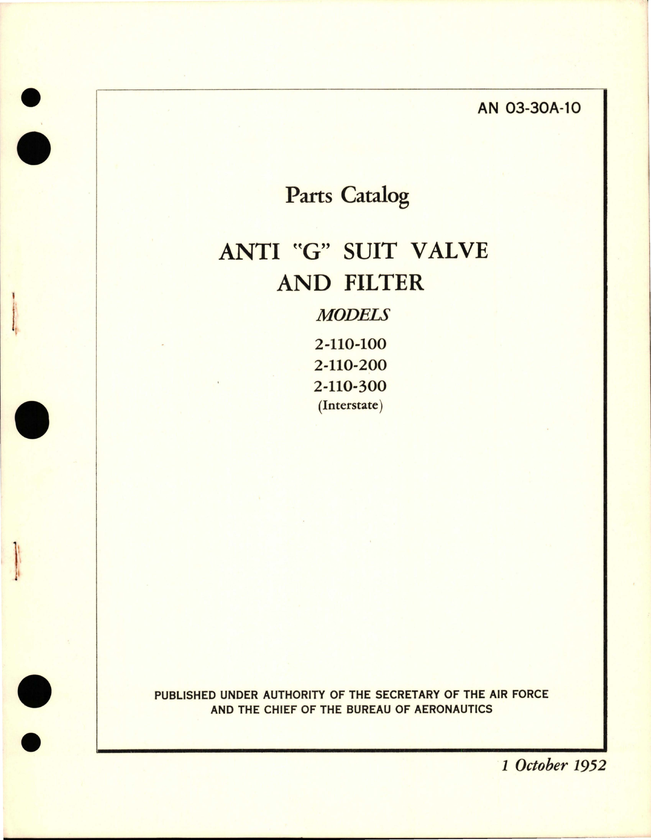 Sample page 1 from AirCorps Library document: Parts Catalog for Anti G Suit Valve and Filter - Models 2-110-100, 2-110-200, and 2-110-300