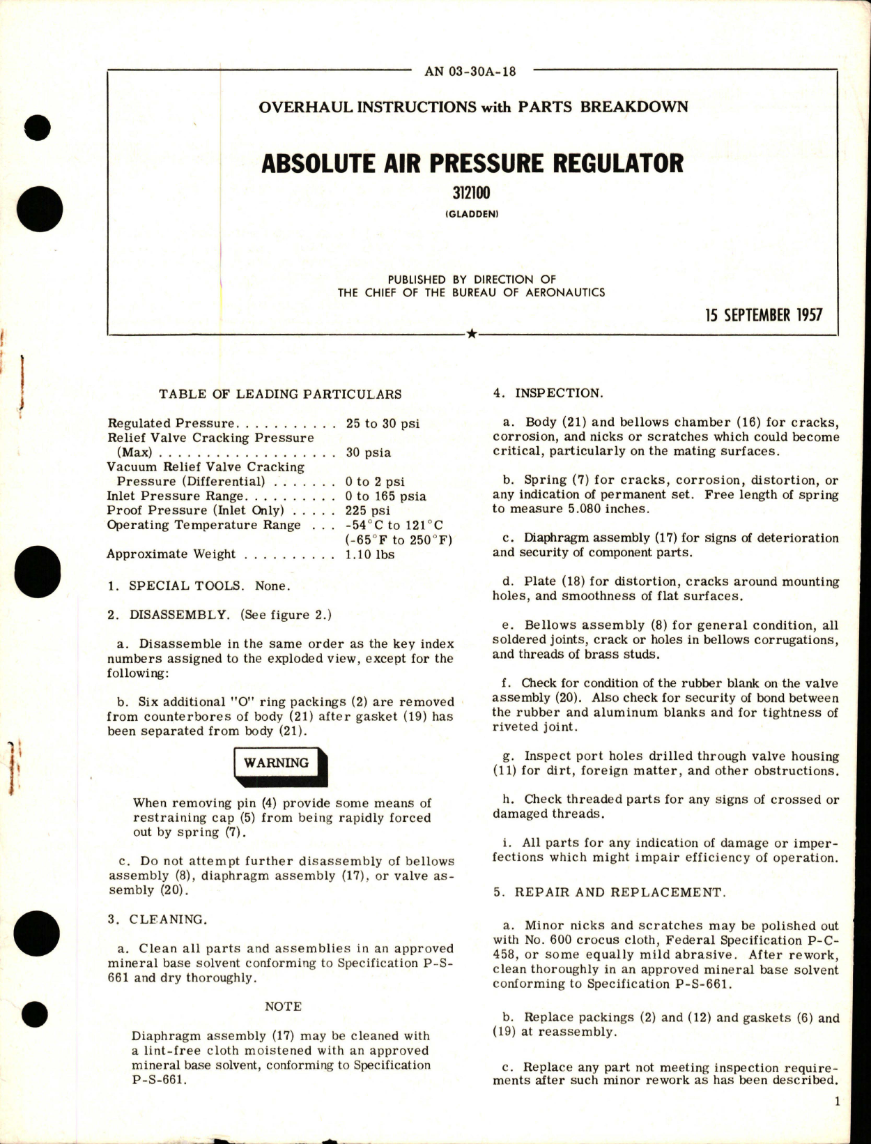 Sample page 1 from AirCorps Library document: Overhaul Instructions with Parts Breakdown for Absolute Air Pressure Regulator - 312100