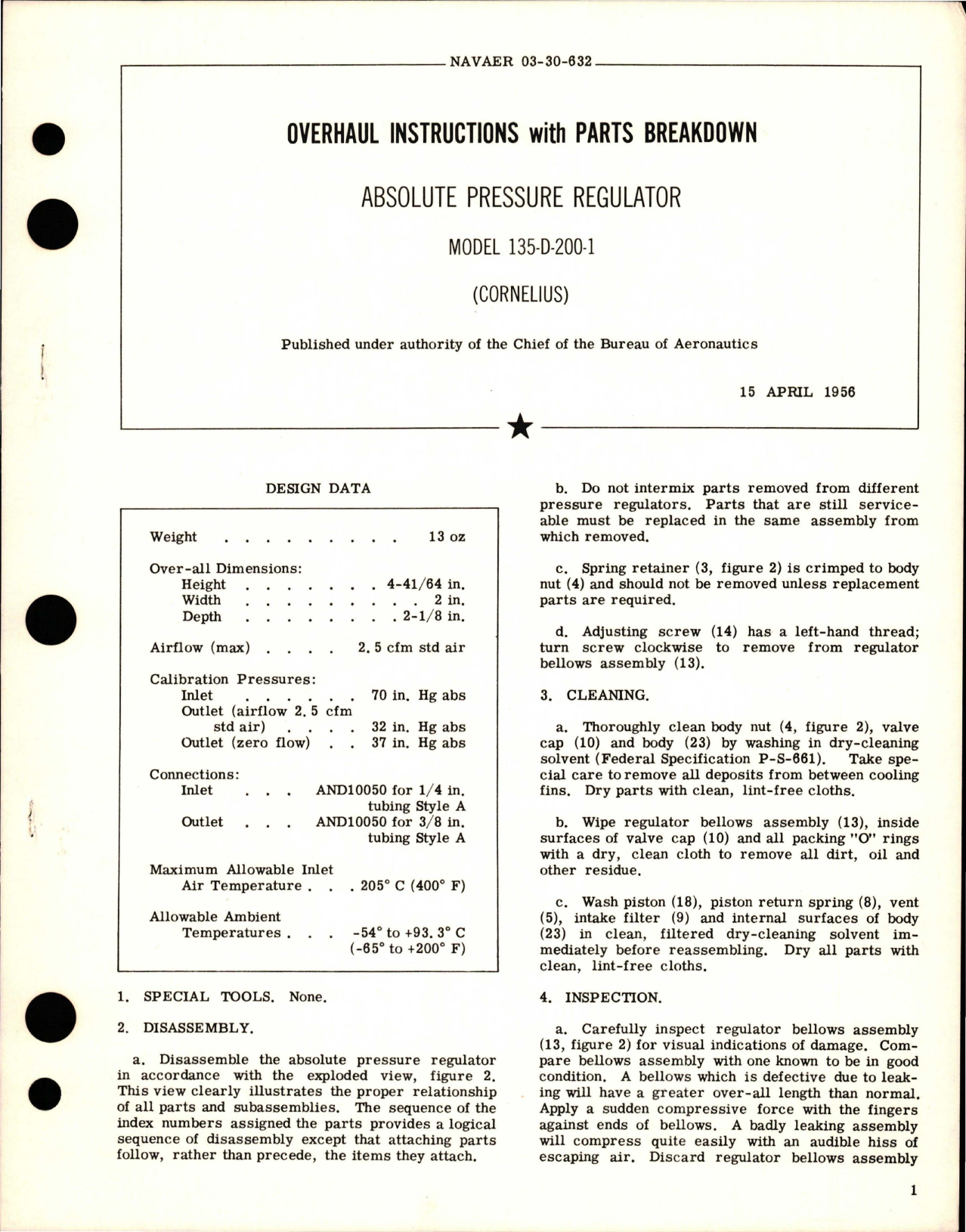 Sample page 1 from AirCorps Library document: Overhaul Instructions with Parts Breakdown for Absolute Pressure Regulator - Model 135-D-200-1