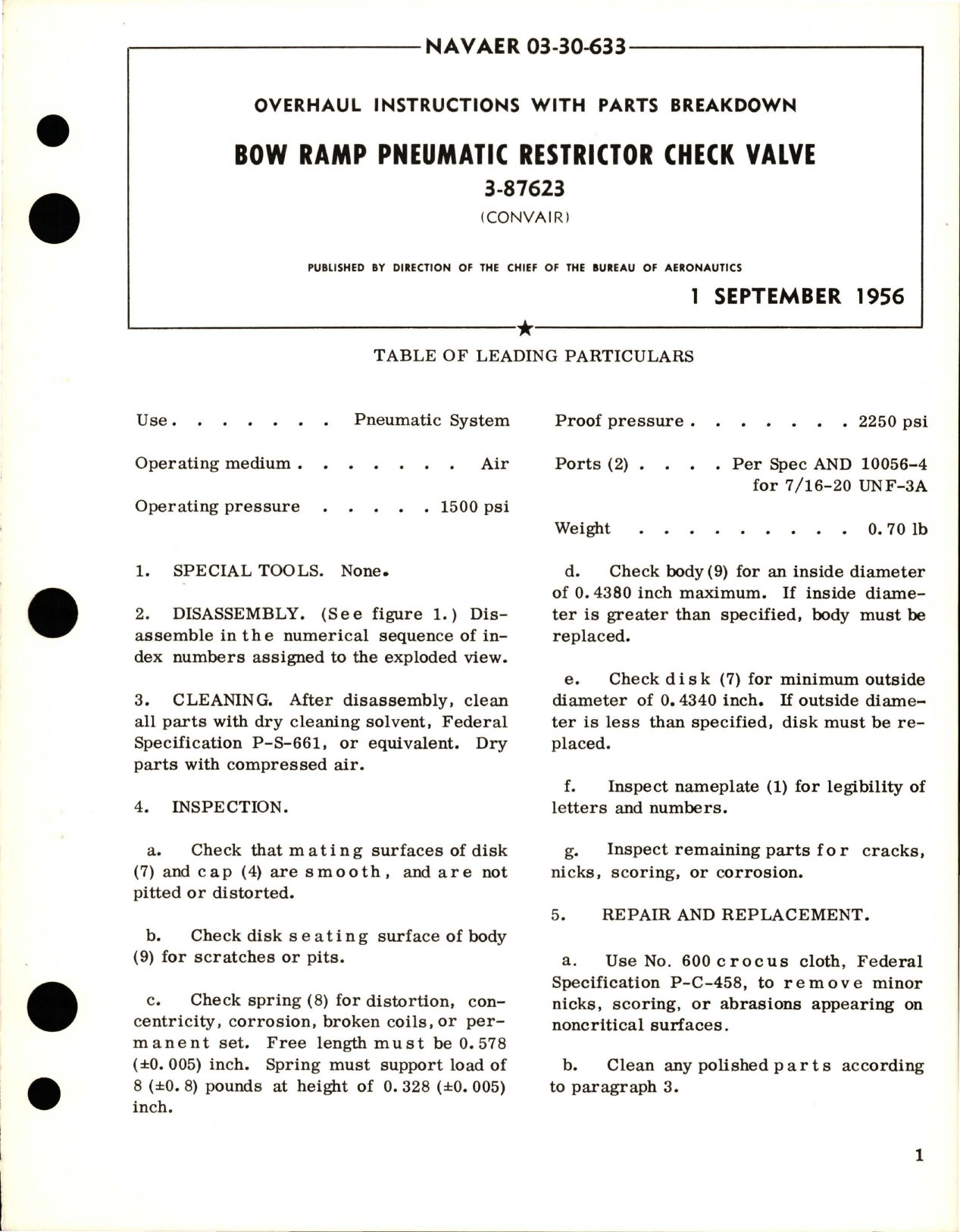 Sample page 1 from AirCorps Library document: Overhaul Instructions with Parts Breakdown for Bow Ramp Pneumatic Restrictor Check Valve - 3-87623