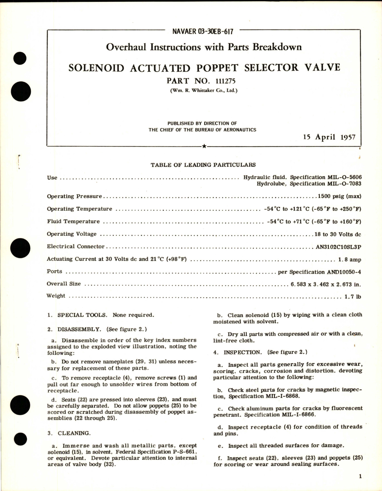 Sample page 1 from AirCorps Library document: Overhaul Instructions with Parts Breakdown for Solenoid Actuated Poppet Selector Valve - Part 111275