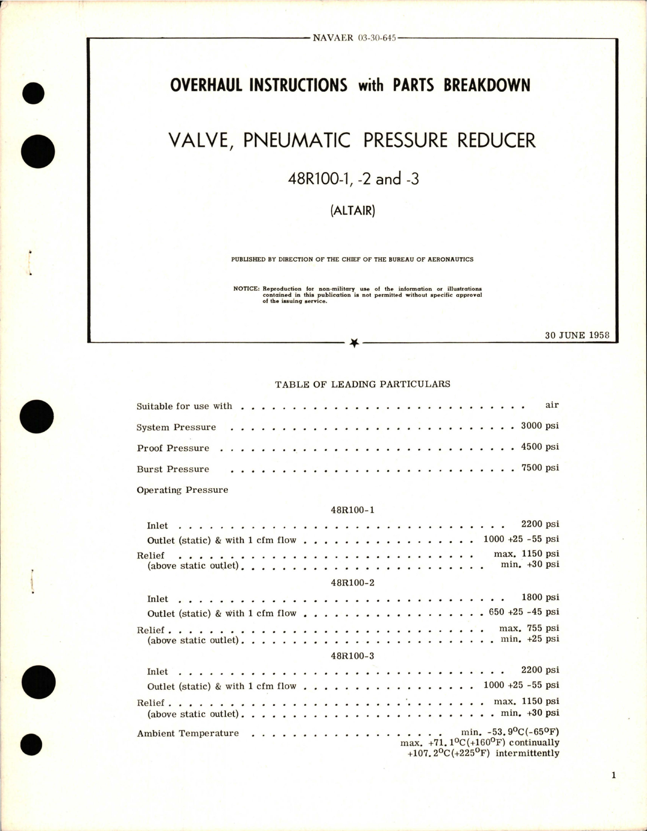 Sample page 1 from AirCorps Library document: Overhaul Instructions with Parts Breakdown for Pneumatic Pressure Reducer Valve - 48R100-1, 48R100-2, and 48R100-3