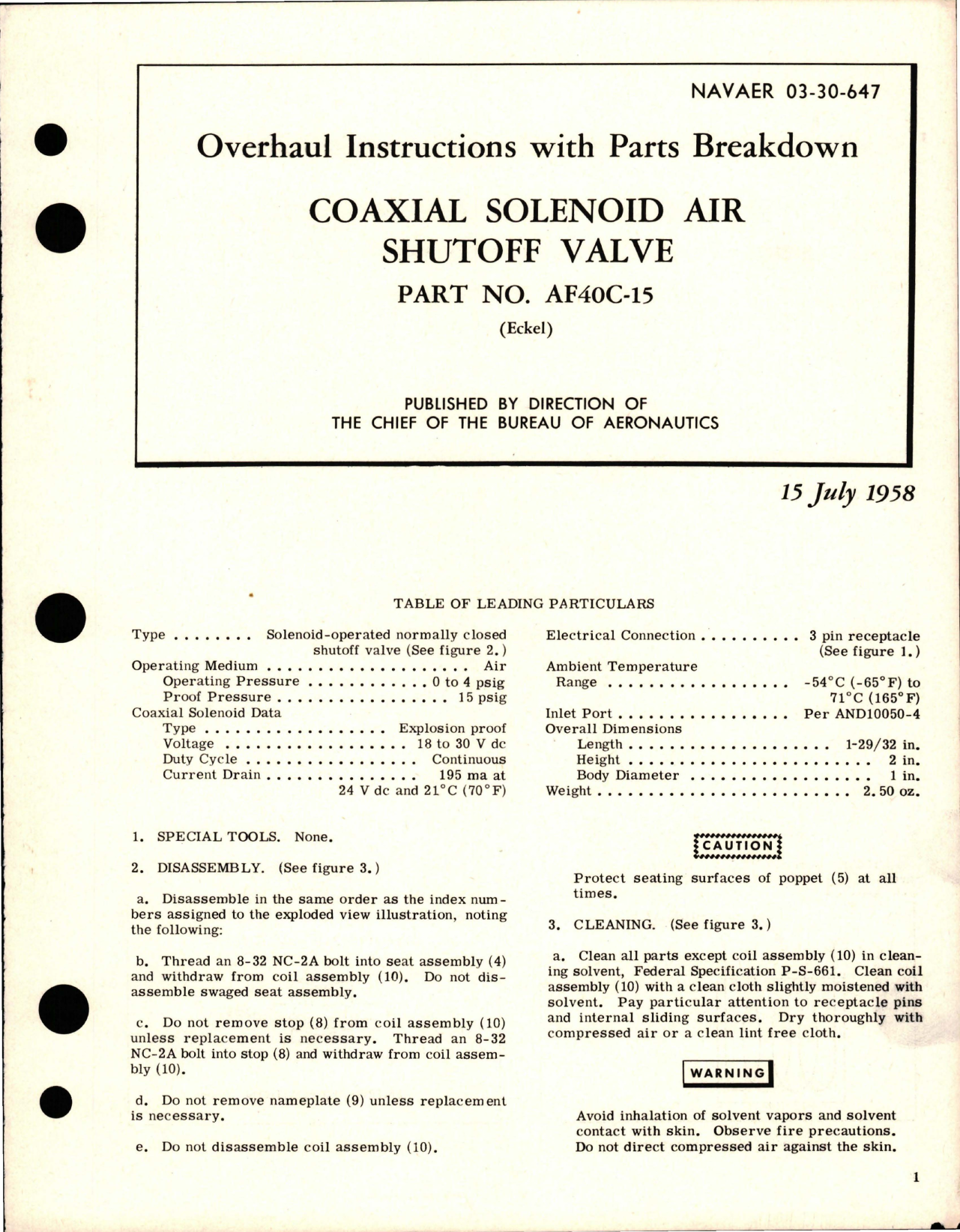 Sample page 1 from AirCorps Library document: Overhaul Instructions with Parts Breakdown for Coaxial Solenoid Air Shutoff Valve - Part AF40C-15