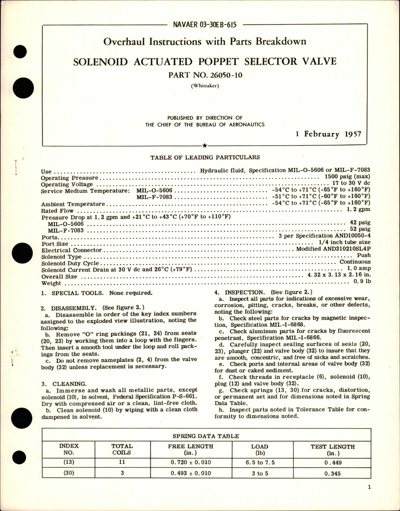 Sample page 1 from AirCorps Library document: Overhaul Instructions with Parts Breakdown for Solenoid Actuated Poppet Selector Valve - Part 26050-10