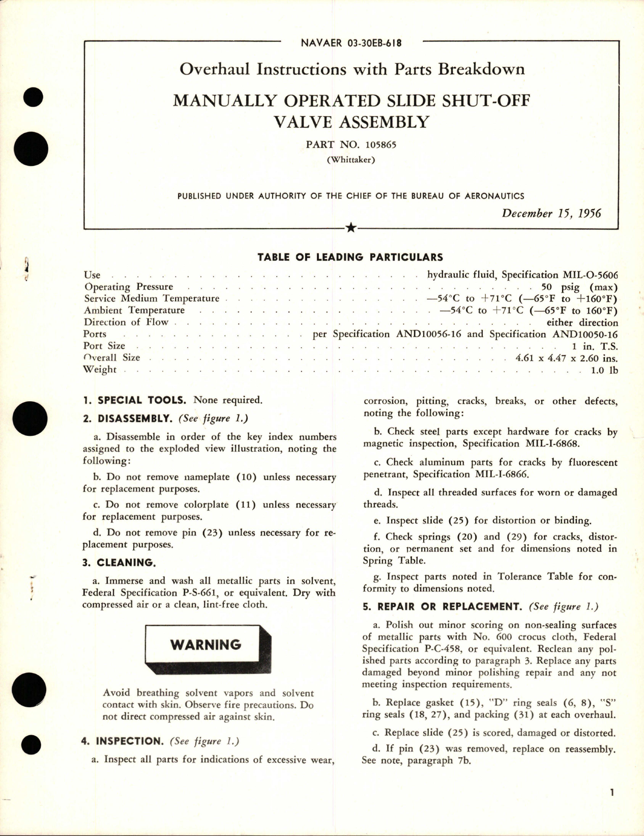 Sample page 1 from AirCorps Library document: Overhaul Instructions with Parts Breakdown for Manually Operated Slide Shut-Off Valve Assembly - Part 105865