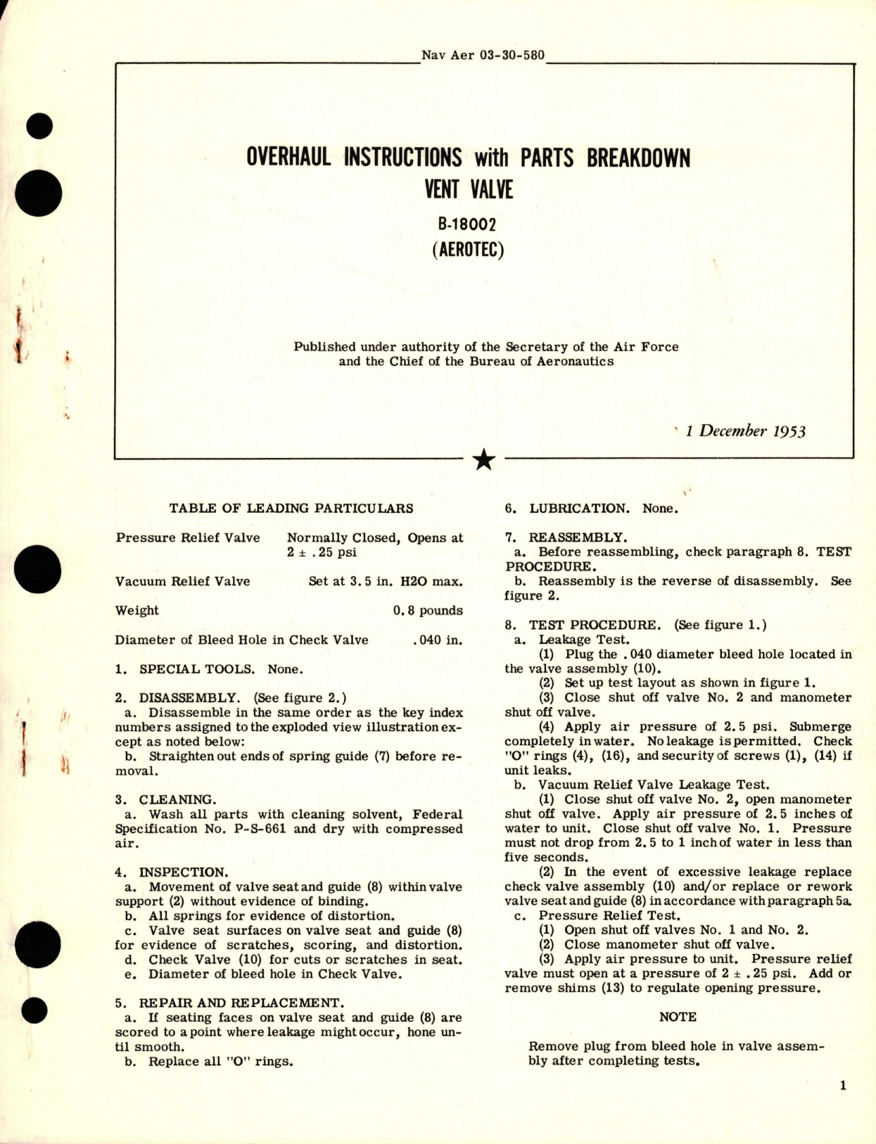 Sample page 1 from AirCorps Library document: Overhaul Instructions with Parts Breakdown for Vent Valve - B-18002