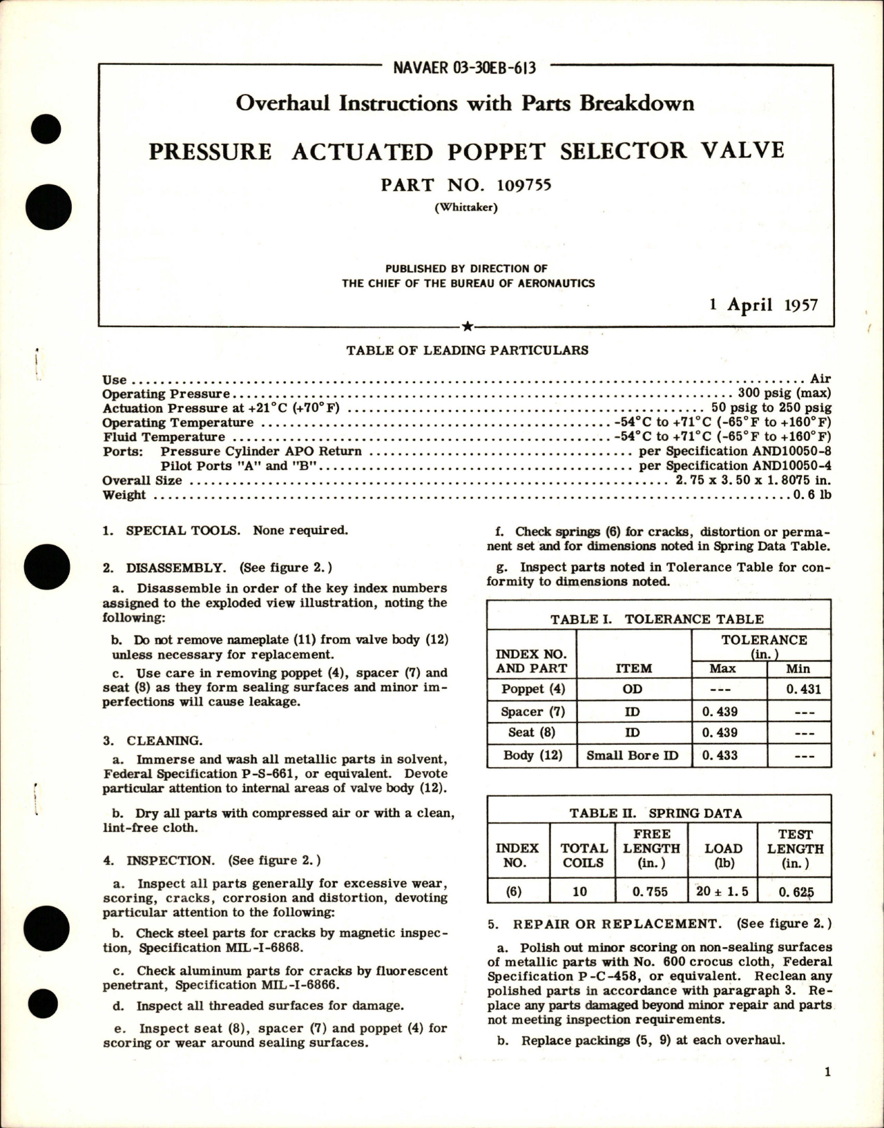 Sample page 1 from AirCorps Library document: Overhaul Instructions with Parts Breakdown for Pressure Actuated Poppet Selector Valve - Part 109755