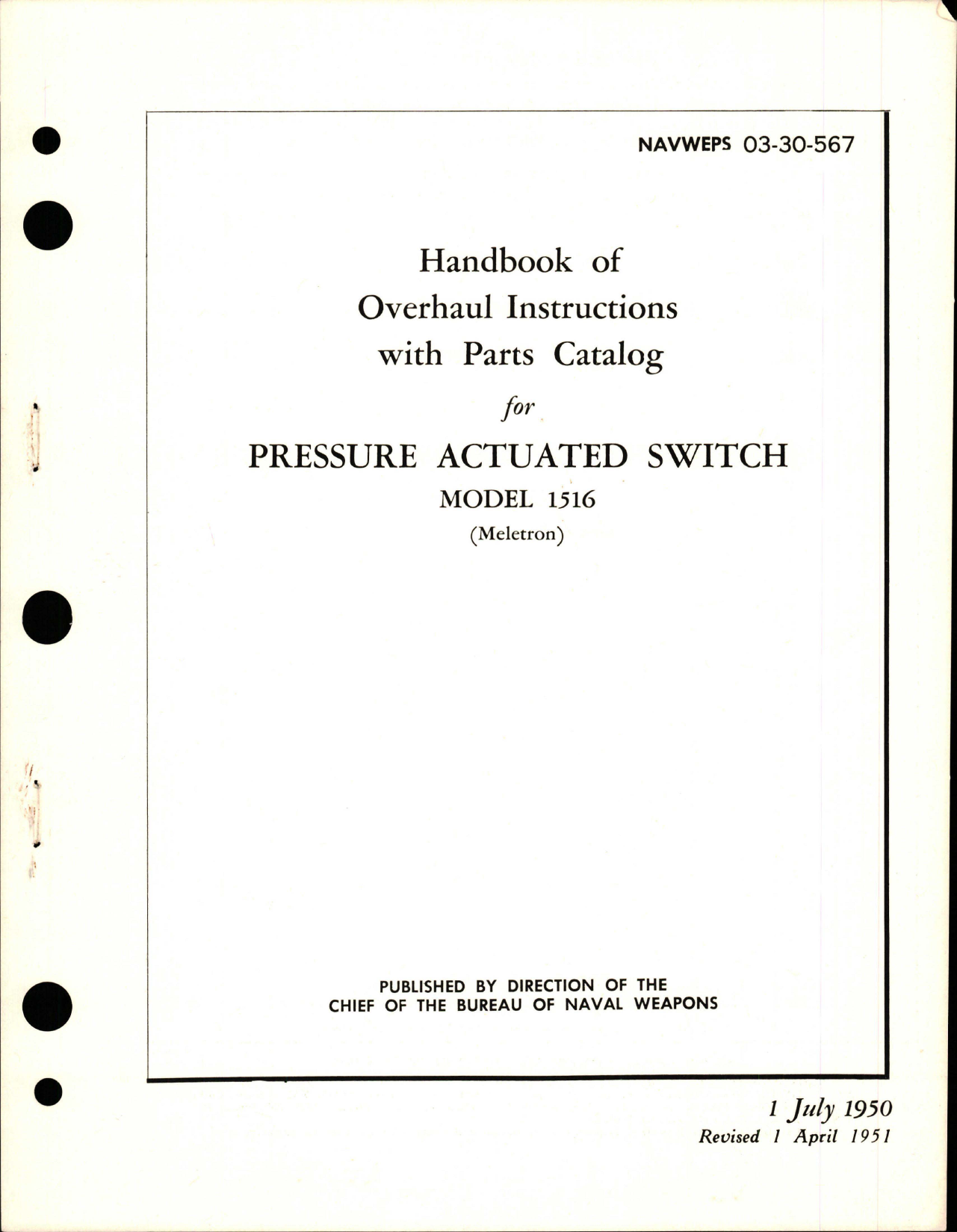 Sample page 1 from AirCorps Library document: Overhaul Instructions with Parts Catalog for Pressure Actuated Switch - Model 1516