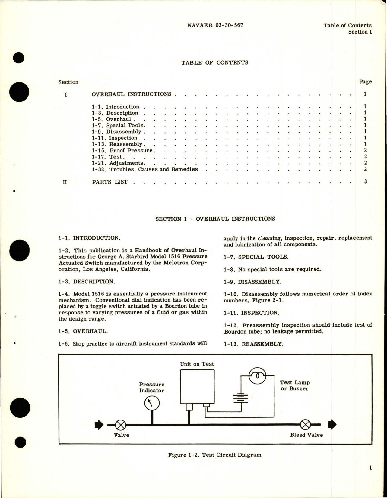 Sample page 5 from AirCorps Library document: Overhaul Instructions with Parts Catalog for Pressure Actuated Switch - Model 1516
