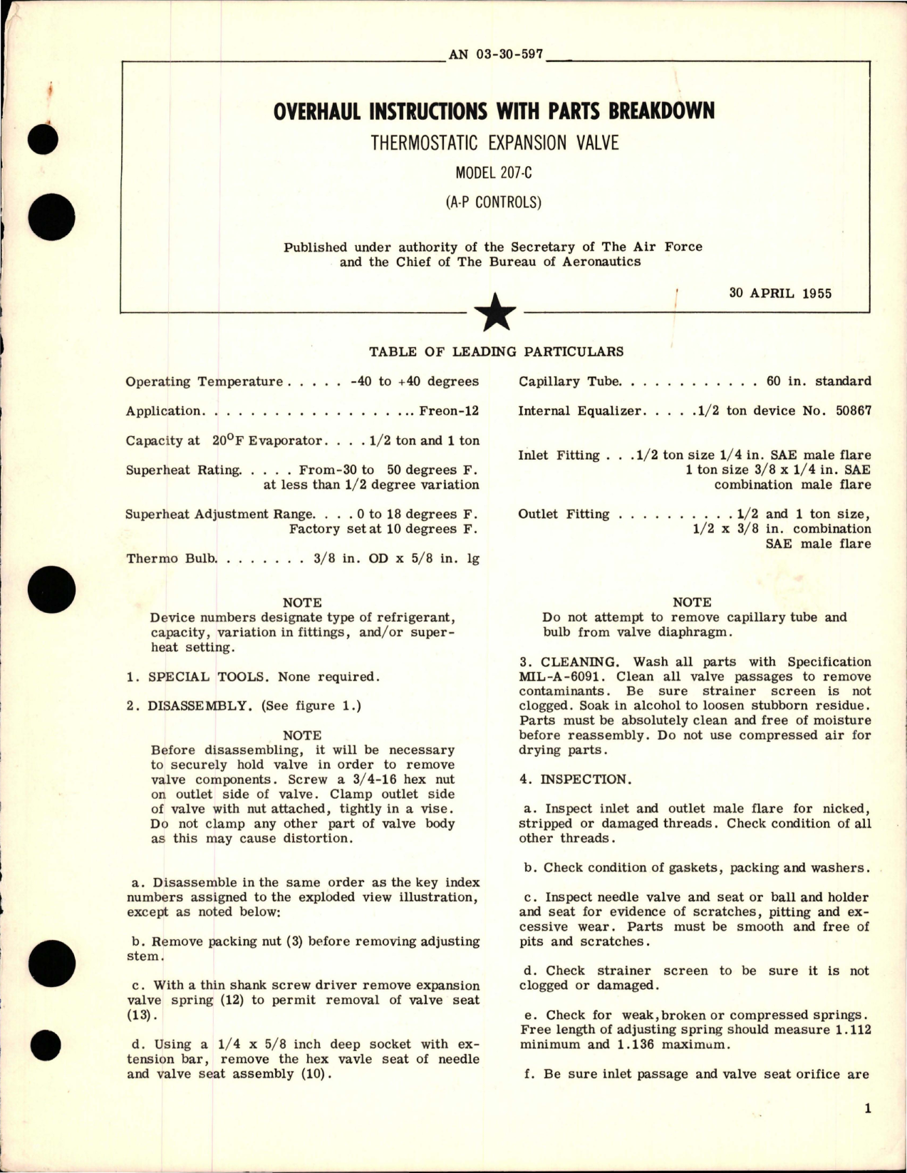 Sample page 1 from AirCorps Library document: Overhaul Instructions with Parts Breakdown for Thermostatic Expansion Valve - Model 207-C