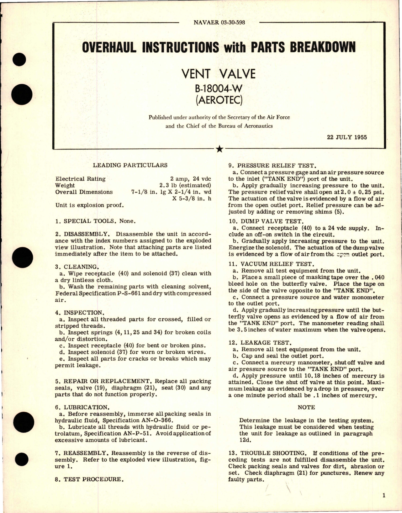 Sample page 1 from AirCorps Library document: Overhaul Instructions with Parts Breakdown for Vent Valve - B-18004-W