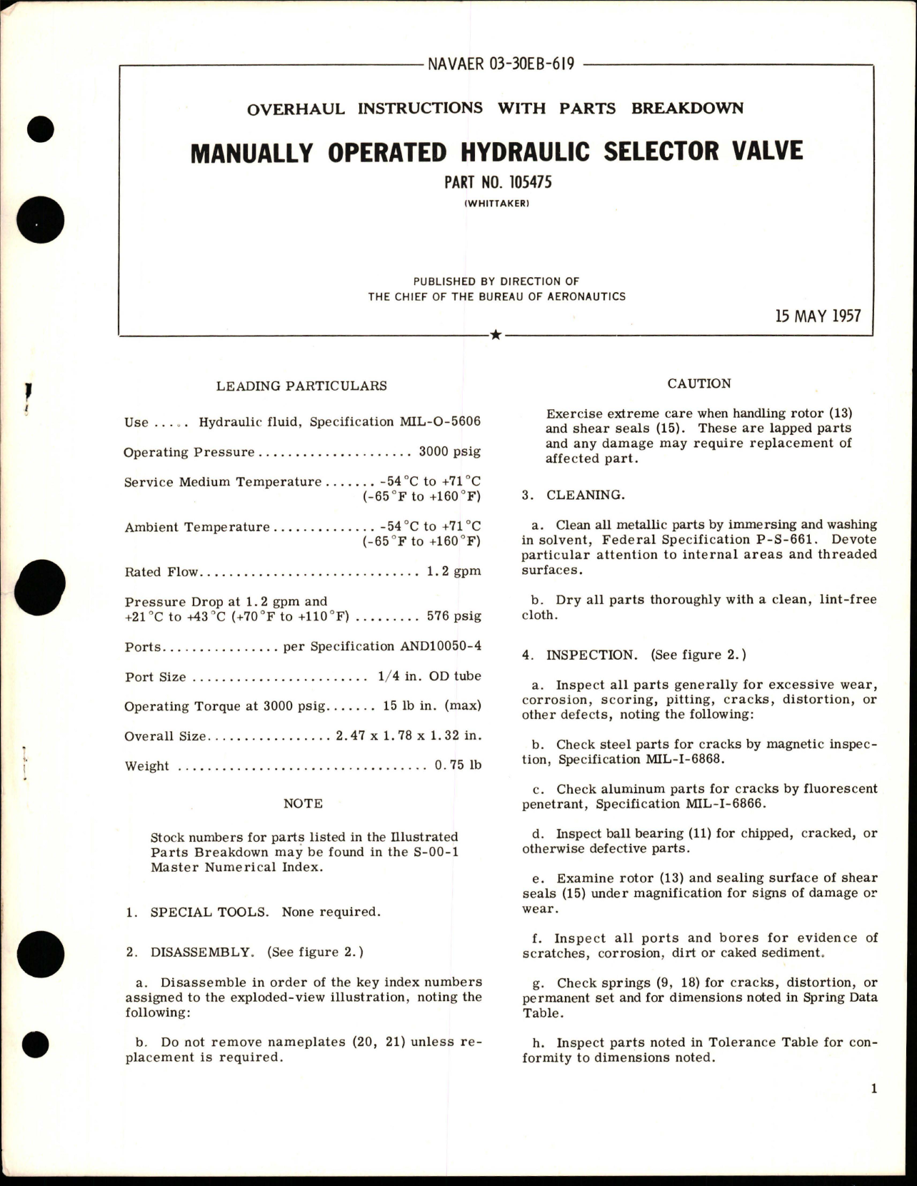 Sample page 1 from AirCorps Library document: Overhaul Instructions with Parts Breakdown for Manually Operated Hydraulic Selector Valve - Part 105475