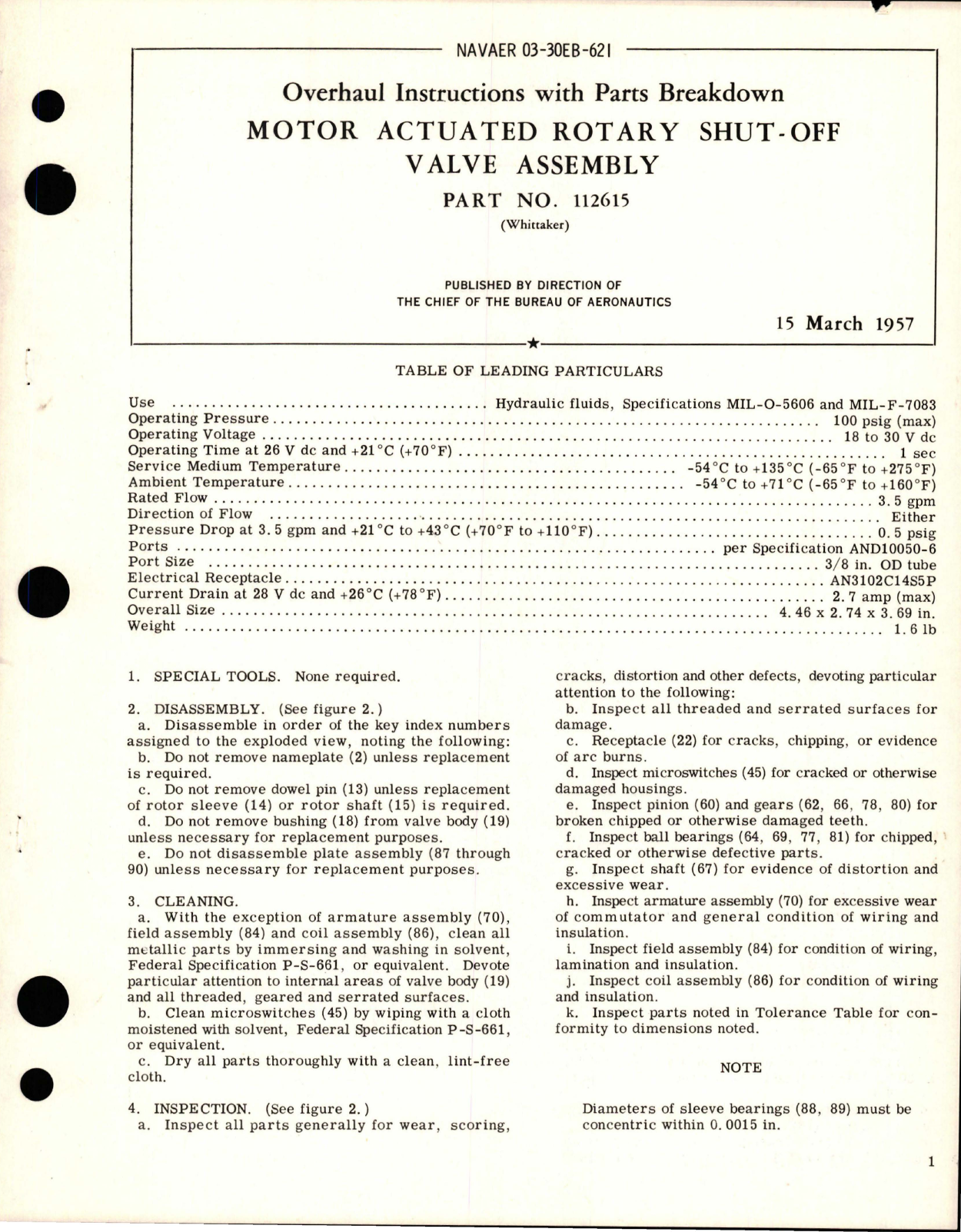 Sample page 1 from AirCorps Library document: Overhaul Instructions with Parts Breakdown for Motor Actuated Rotary Shut-Off Valve Assembly - Part 112615