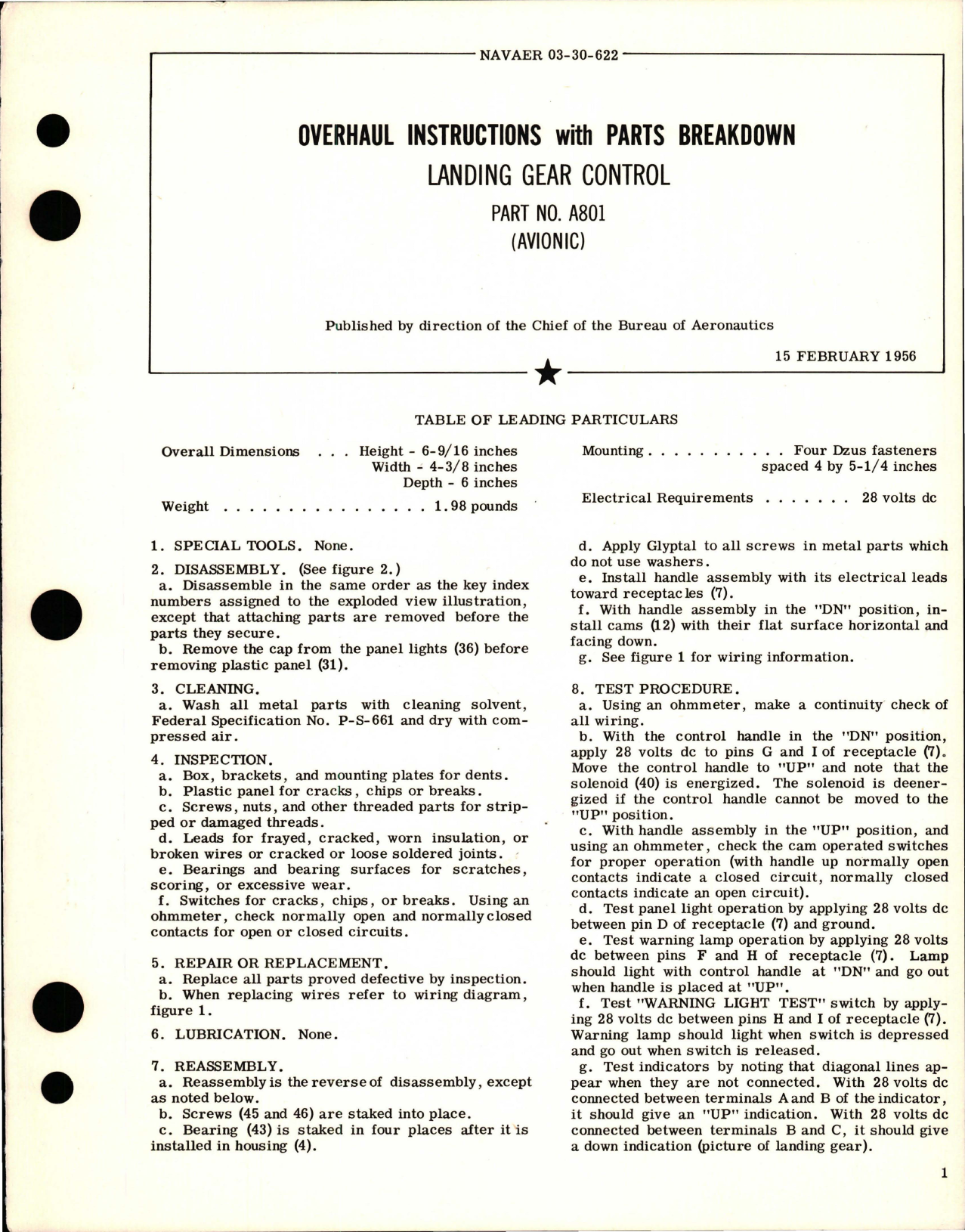 Sample page 1 from AirCorps Library document: Overhaul Instructions with Parts Breakdown for Landing Gear Control - Part A801