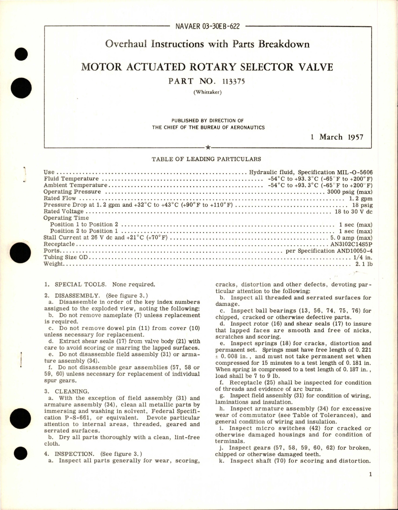 Sample page 1 from AirCorps Library document: Overhaul Instructions with Parts Breakdown for Motor Actuated Rotary Selector Valve - Part 113375
