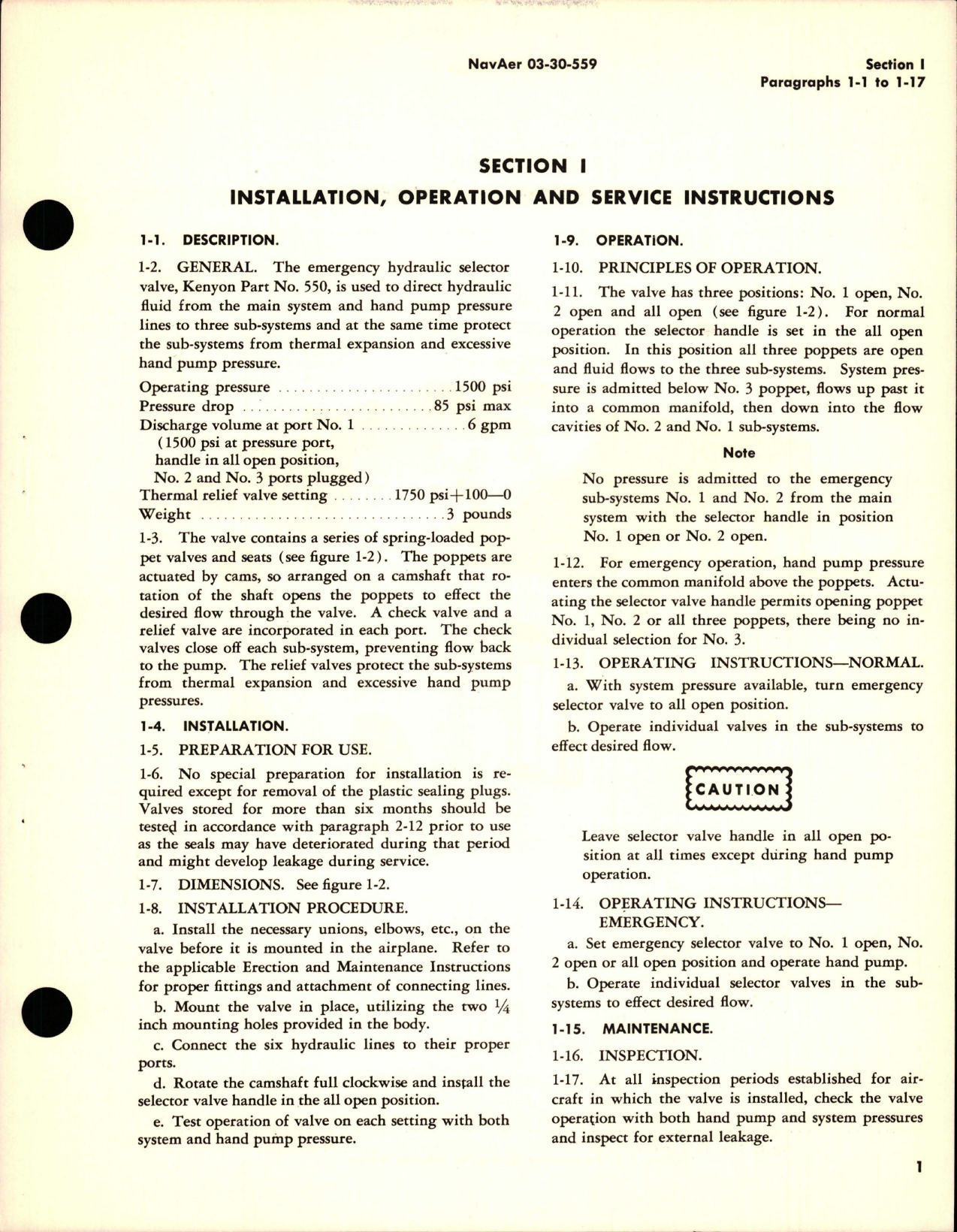 Sample page 5 from AirCorps Library document: Operation, Service and Overhaul Instructions with Parts Catalog for Emergency Hydraulic Selector Valve - Model 550