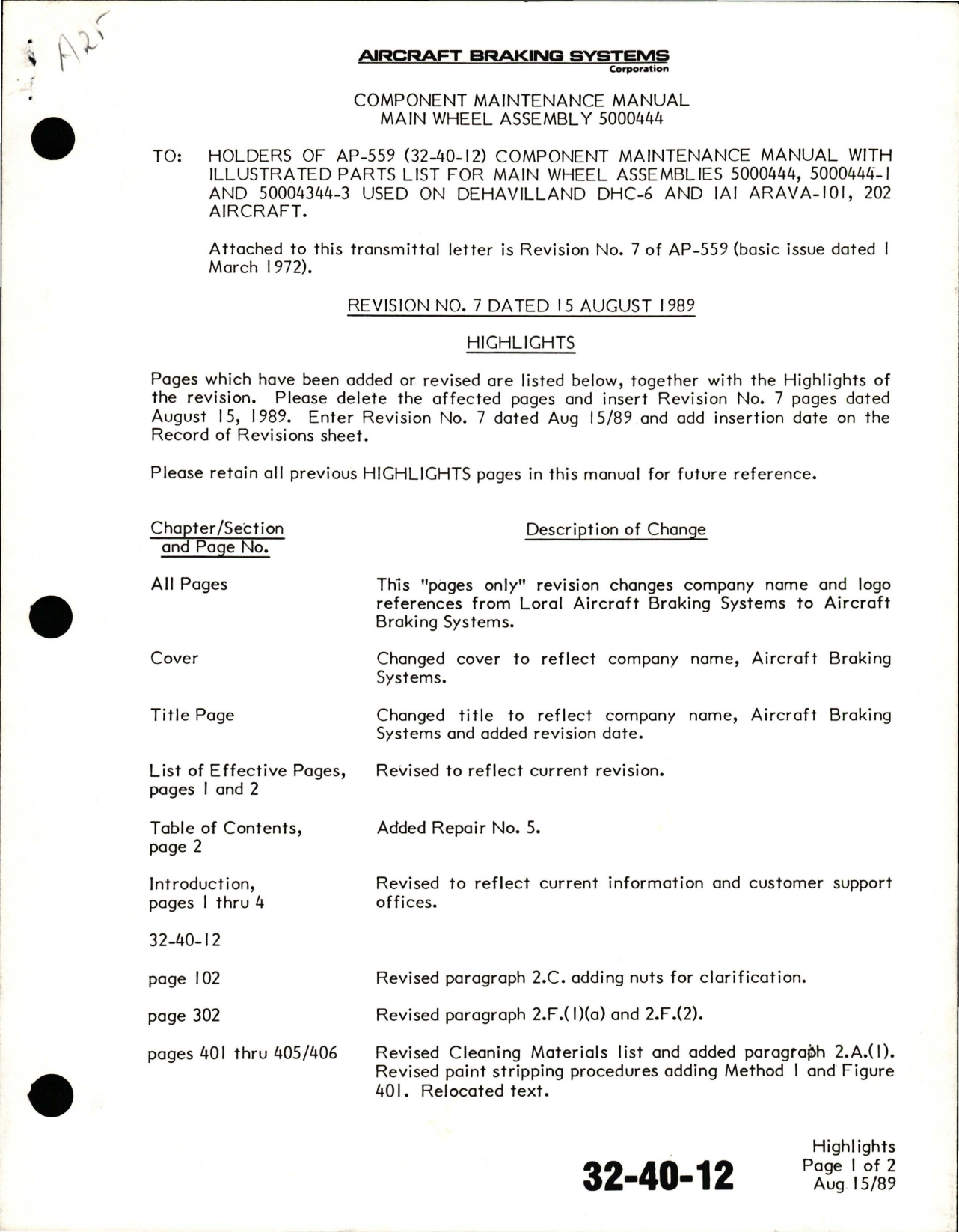 Sample page 5 from AirCorps Library document: Maintenance Manual with Illustrated Parts List for Main Wheel Assembly