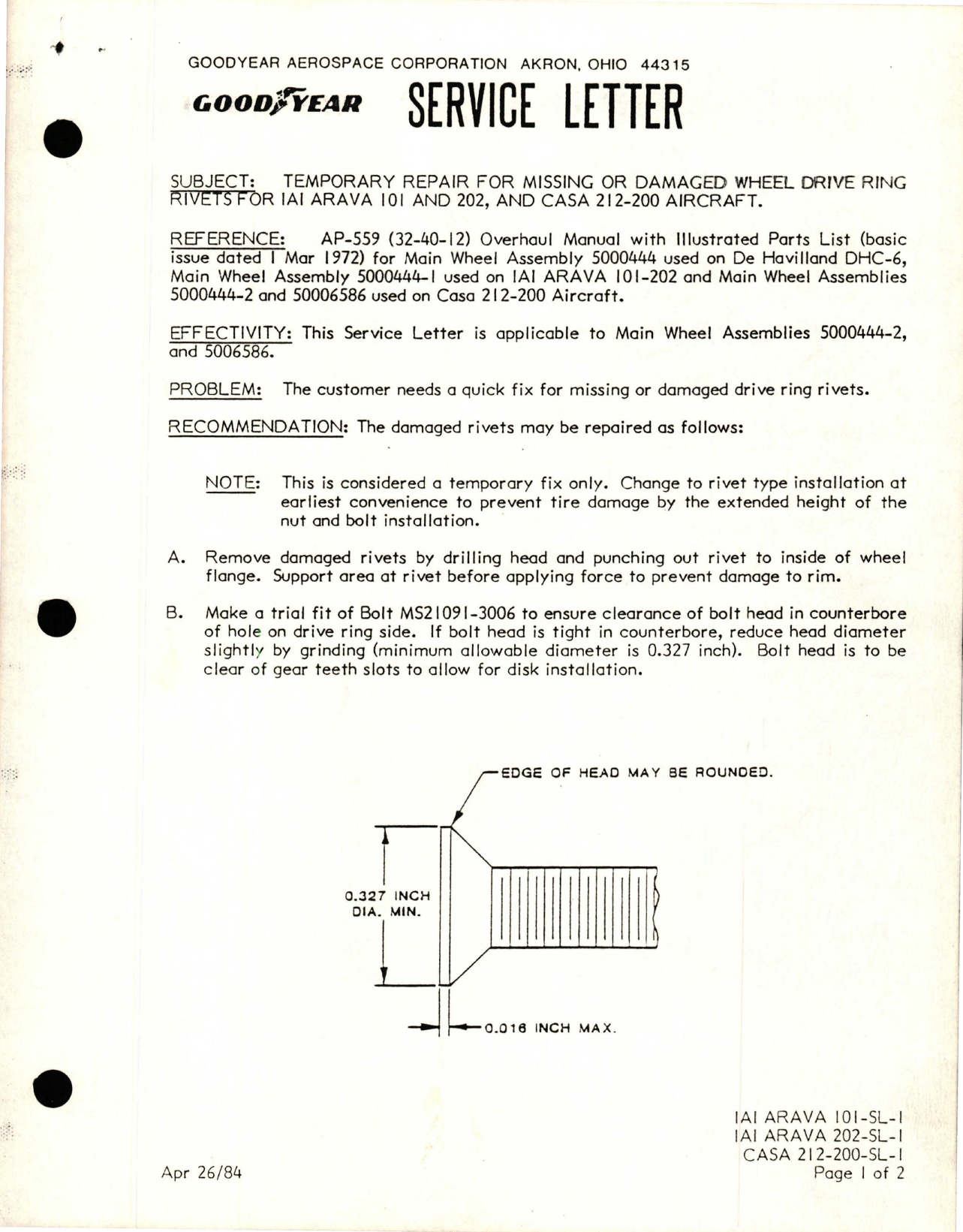 Sample page 1 from AirCorps Library document: Temporary Repair for Missing or Damaged Wheel Drive Ring Rivets for 1A1 ARVIA 101 and 102, and CASA 212-200 