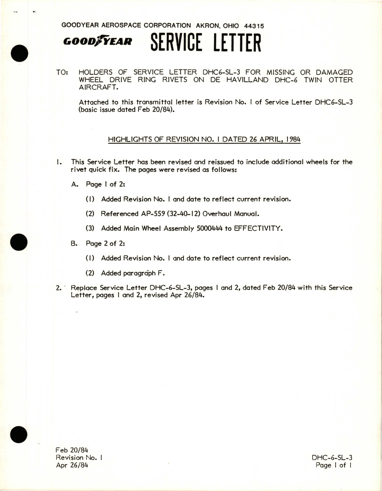 Sample page 1 from AirCorps Library document: Temporary Repair for Missing or Damaged Wheel Drive Ring Rivets for De Havilland DHC-6 Twin Otter