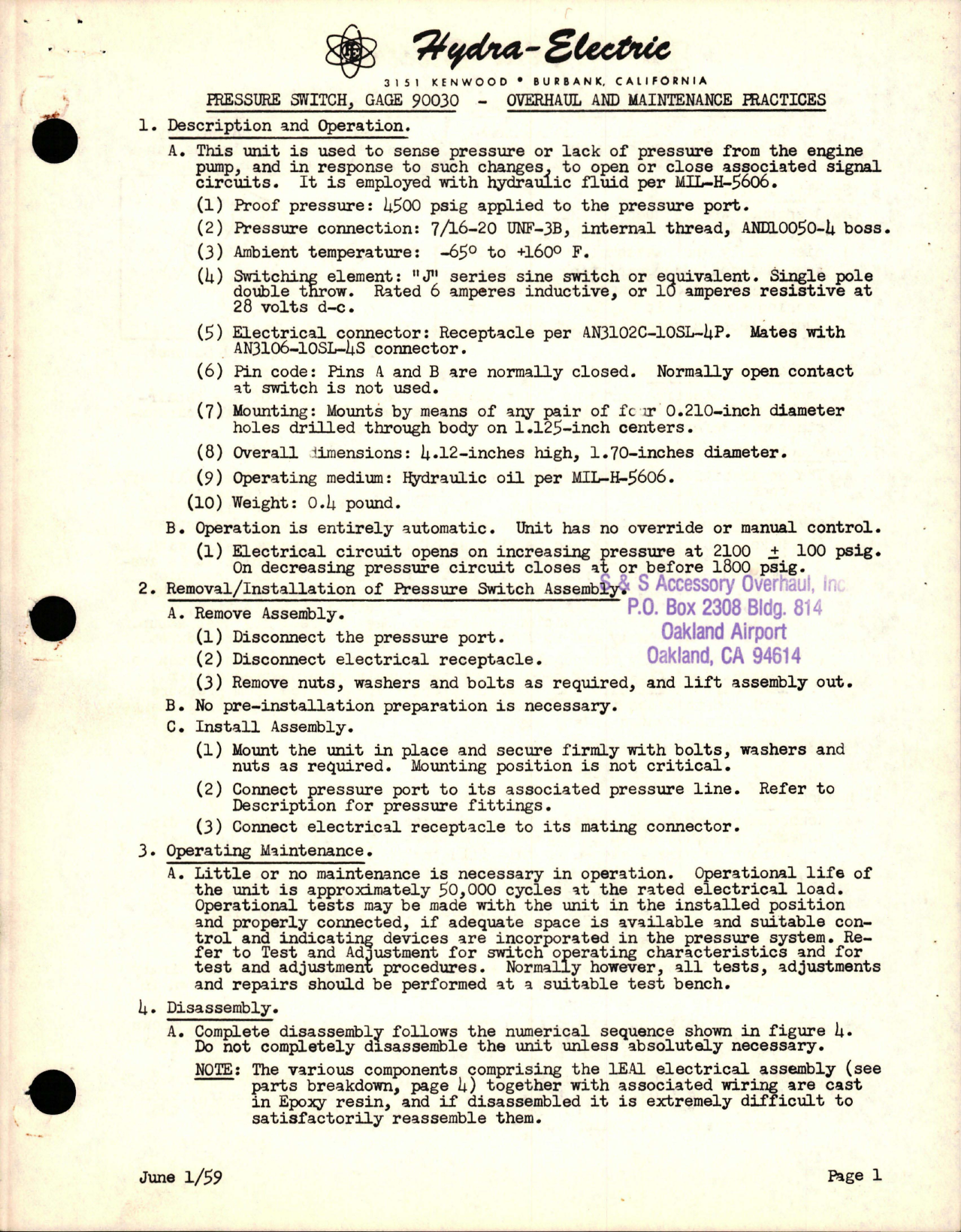 Sample page 1 from AirCorps Library document: Overhaul and Maintenance Practices for Pressure Switch - Gage 90030