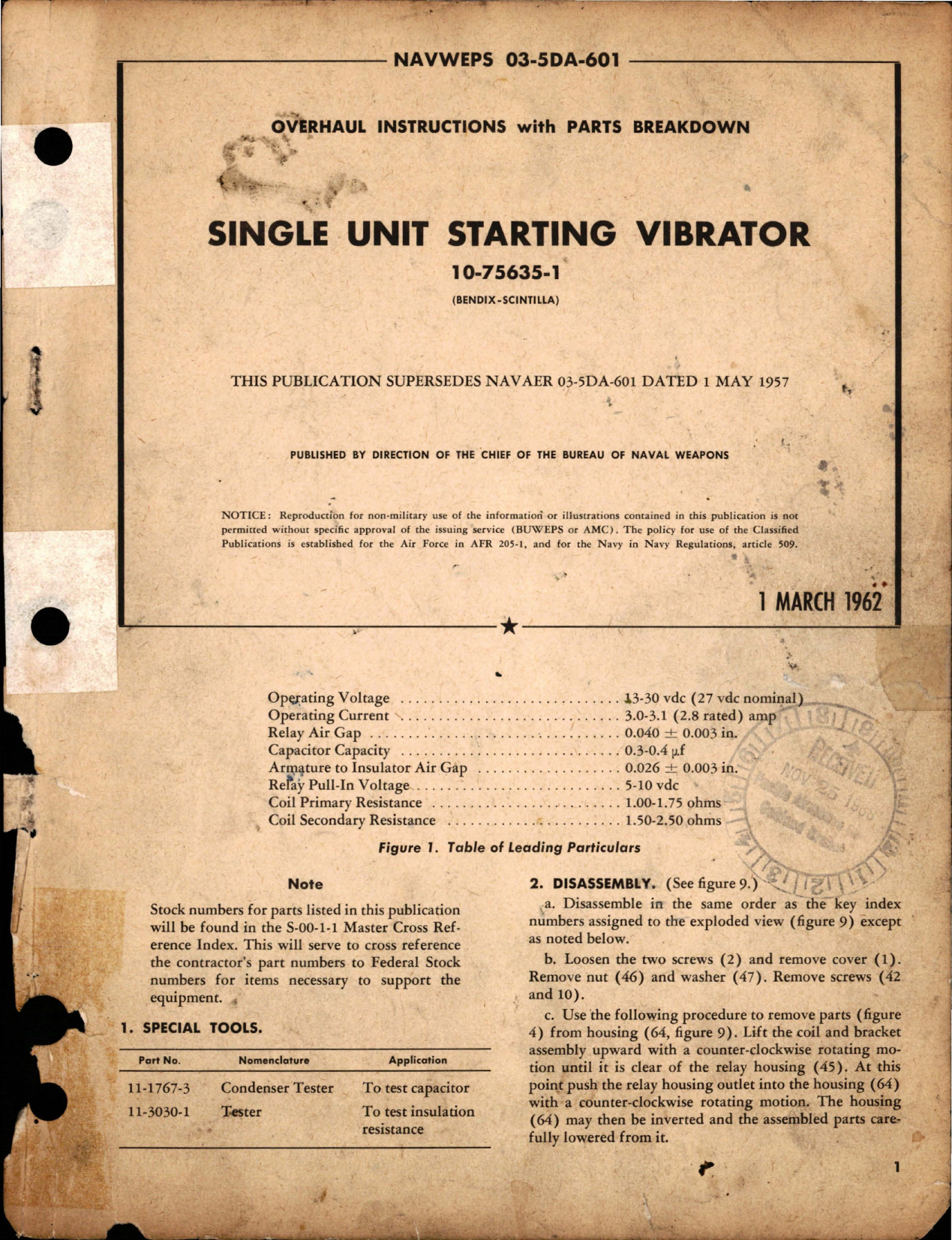 Sample page 1 from AirCorps Library document: Overhaul Instructions with Parts Breakdown for Single Unit Starting Vibrator - 1075635-1