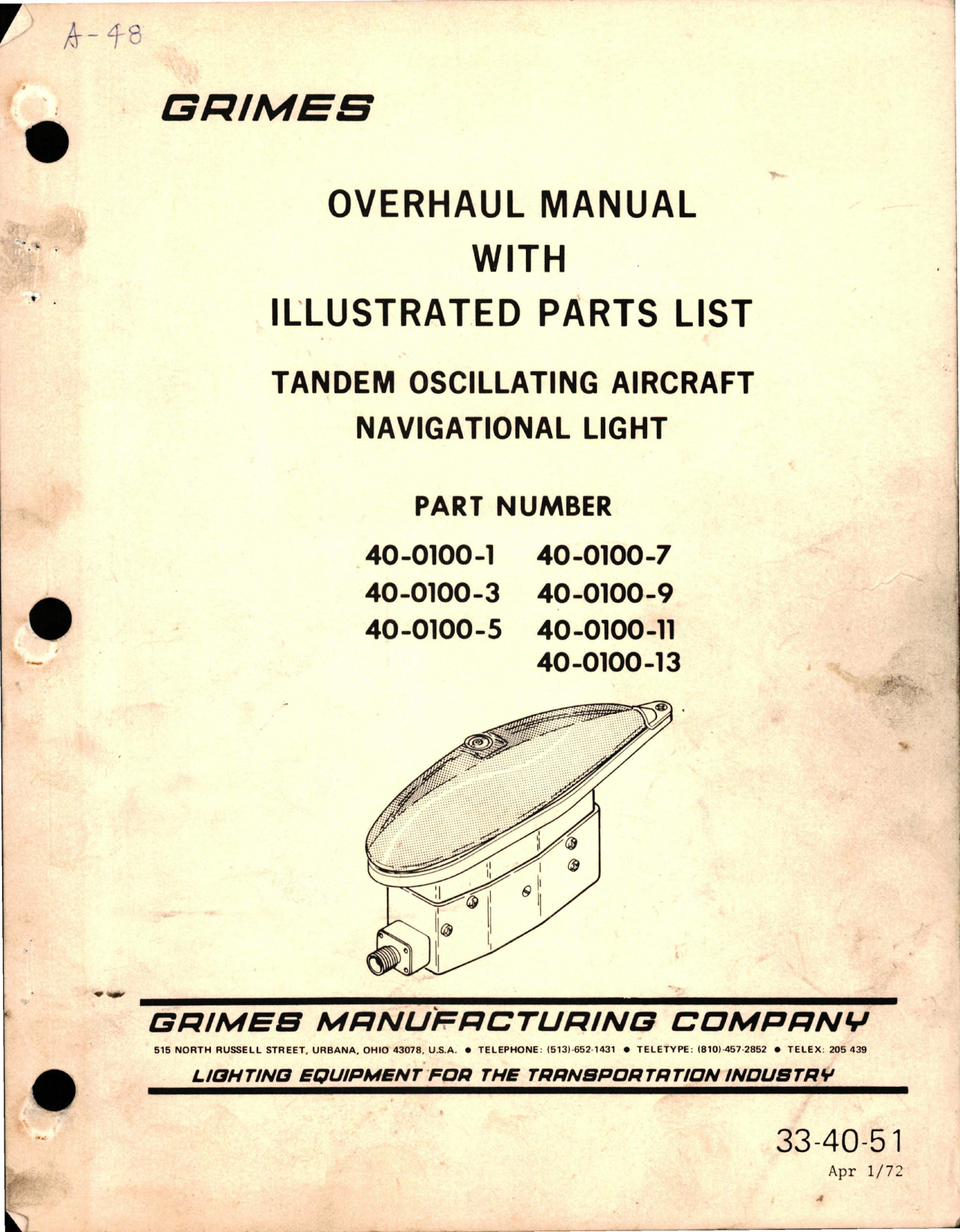 Sample page 1 from AirCorps Library document: Overhaul with Illustrated Parts List for Tandem Oscillating Aircraft Navigational Light