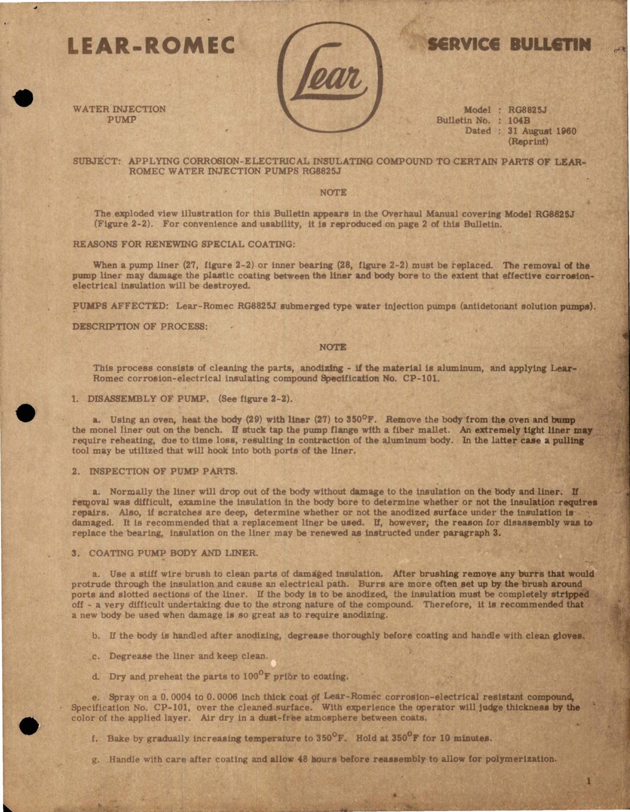 Sample page 1 from AirCorps Library document: Service Bulletin for Applying Corrosion Electrical Insulating Compound to Certain Parts of Water Injection Pumps - RG8825J