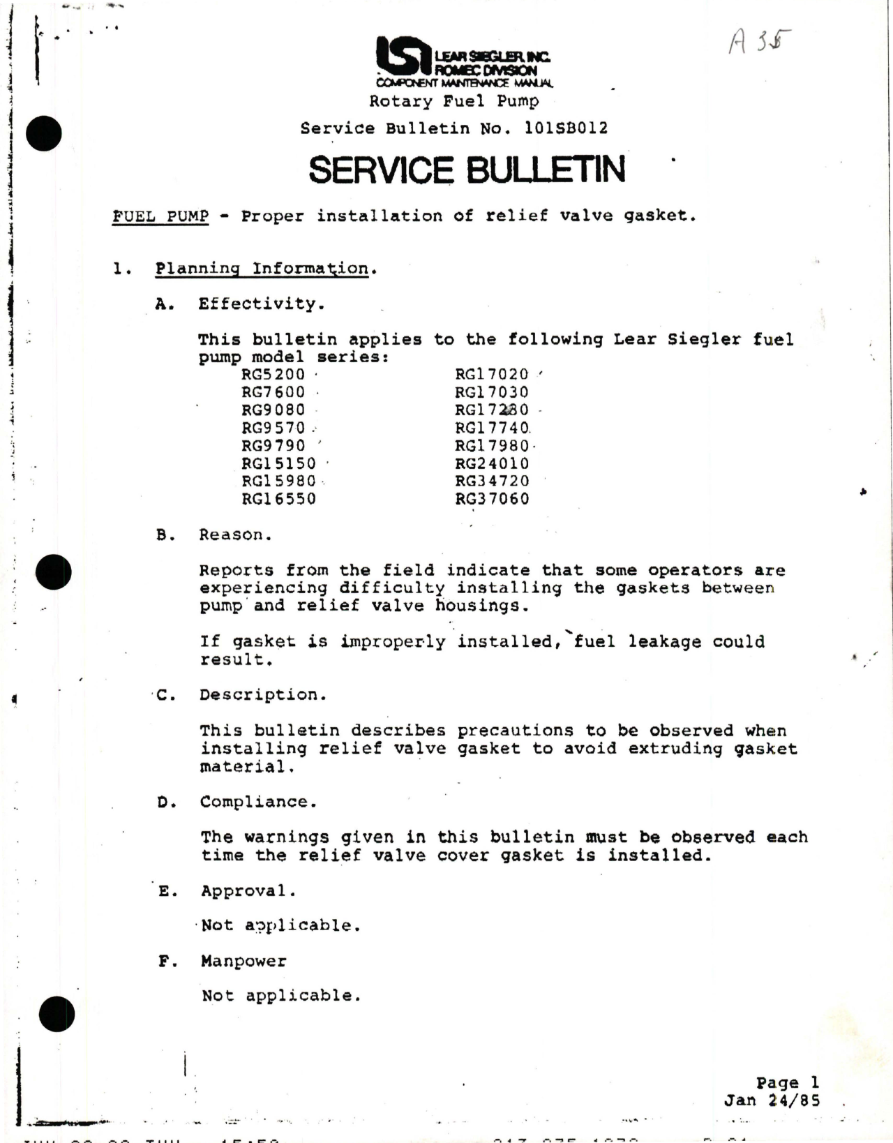Sample page 1 from AirCorps Library document: Fuel Pump - Proper Installation of Relief Valve Gasket