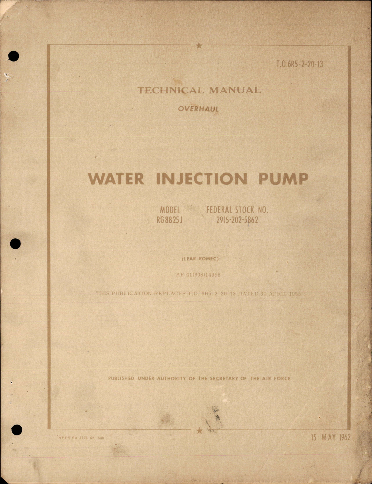 Sample page 1 from AirCorps Library document: Overhaul Instructions for Water Injection Pump - Model RG8825J
