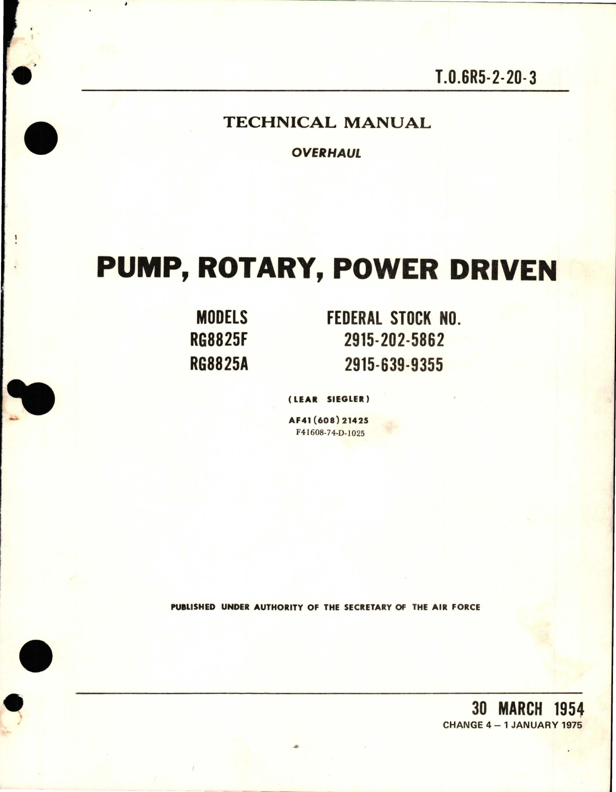 Sample page 1 from AirCorps Library document: Overhaul Instructions for Power Driven Rotary Pump - Models RG8825F and RG8825A