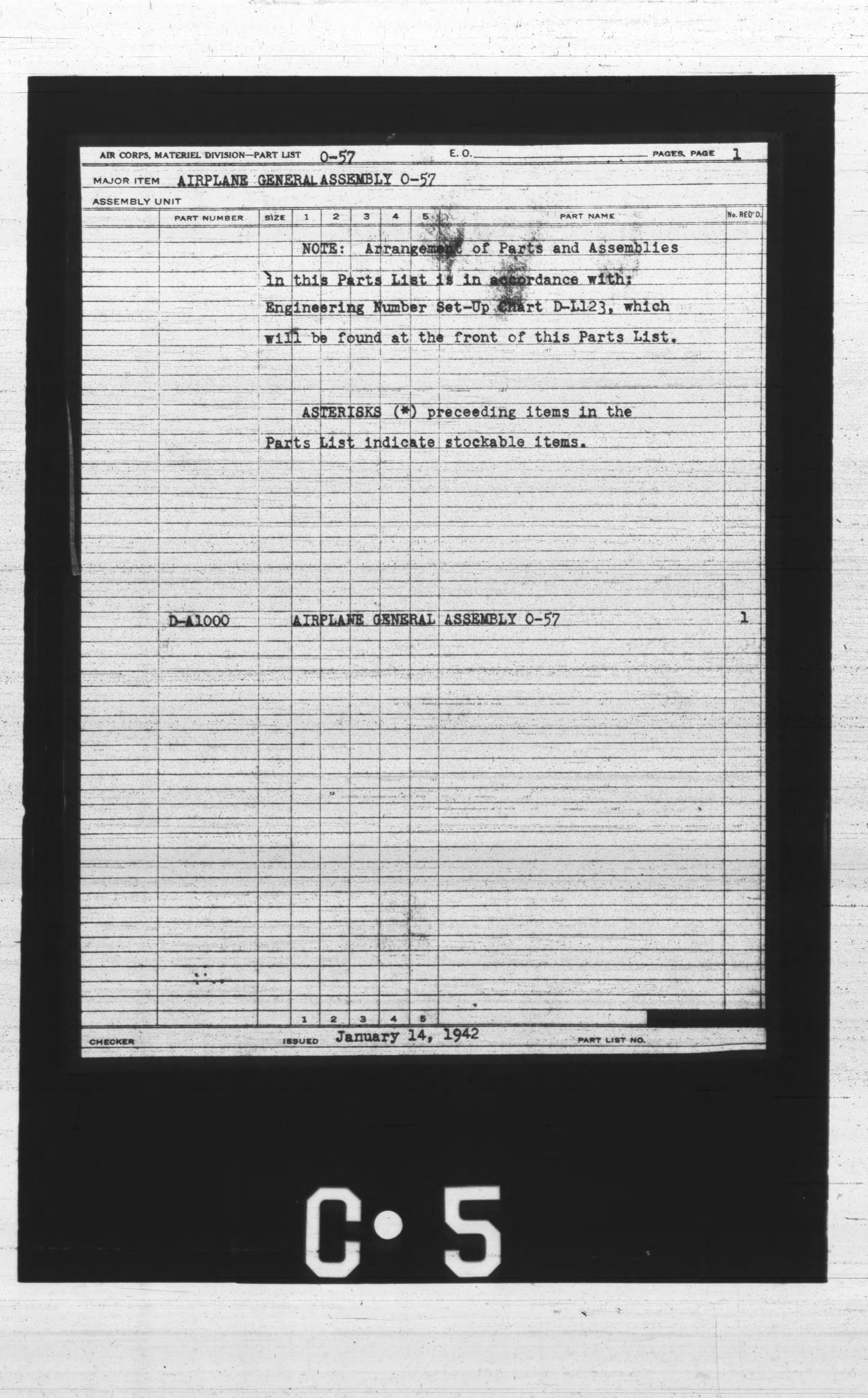 Sample page 1 from AirCorps Library document: Airplane General Assembly Parts List for O-57