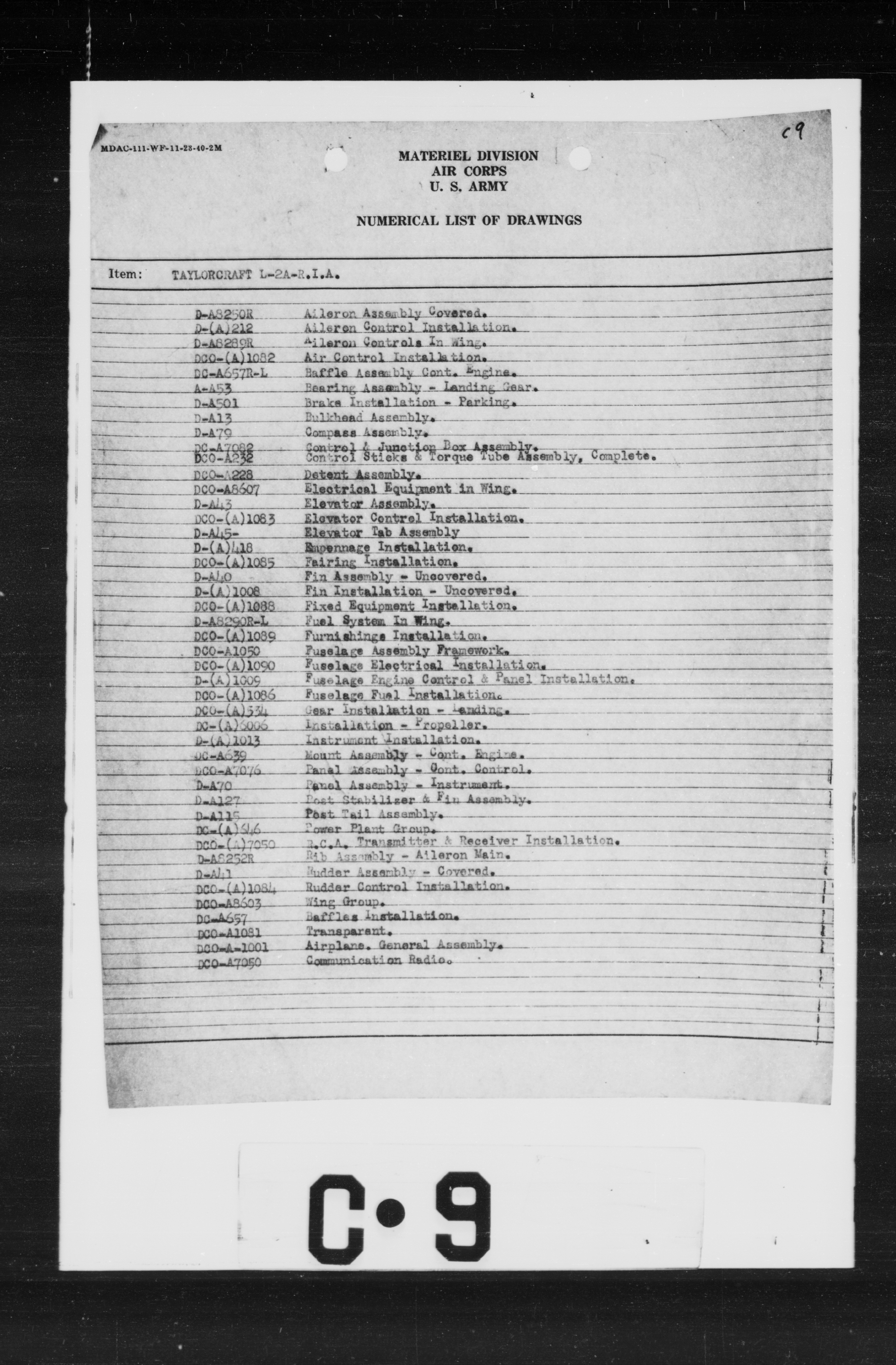 Sample page 1 from AirCorps Library document: Numerical List of Drawings for Taylorcraft L-2A - R.I.A.