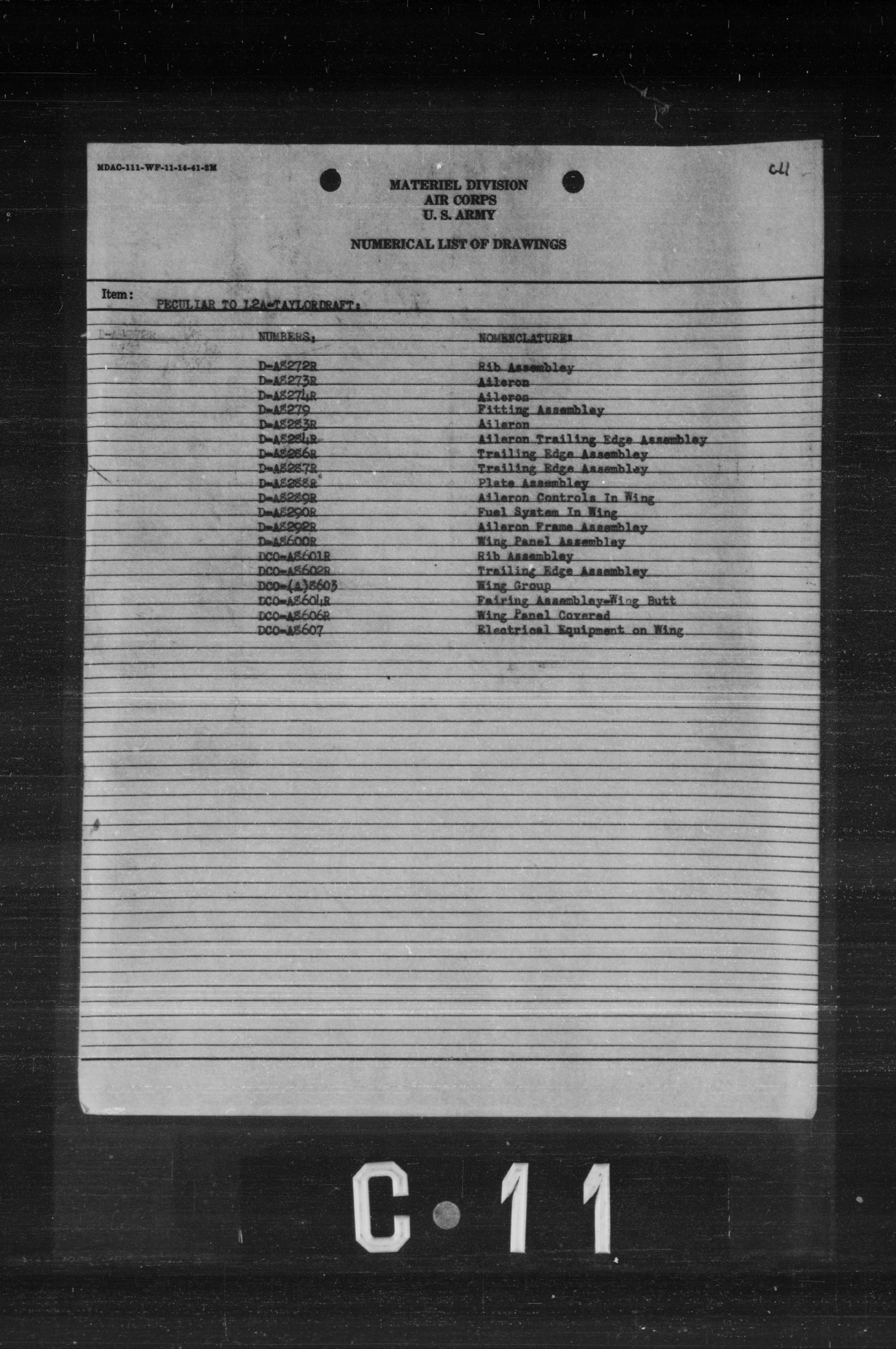 Sample page 1 from AirCorps Library document: Numerical List of Drawings Peculiar to L-2A