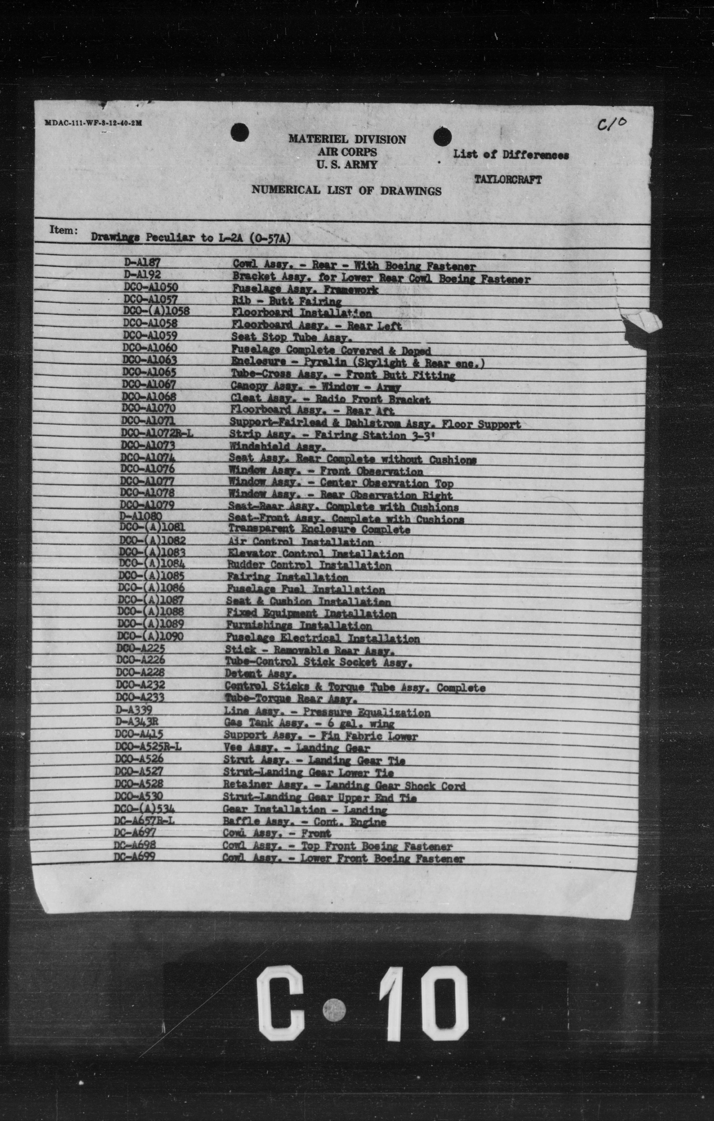Sample page 1 from AirCorps Library document: Numerical List of Drawings Peculiar to L-2A (O-57A)
